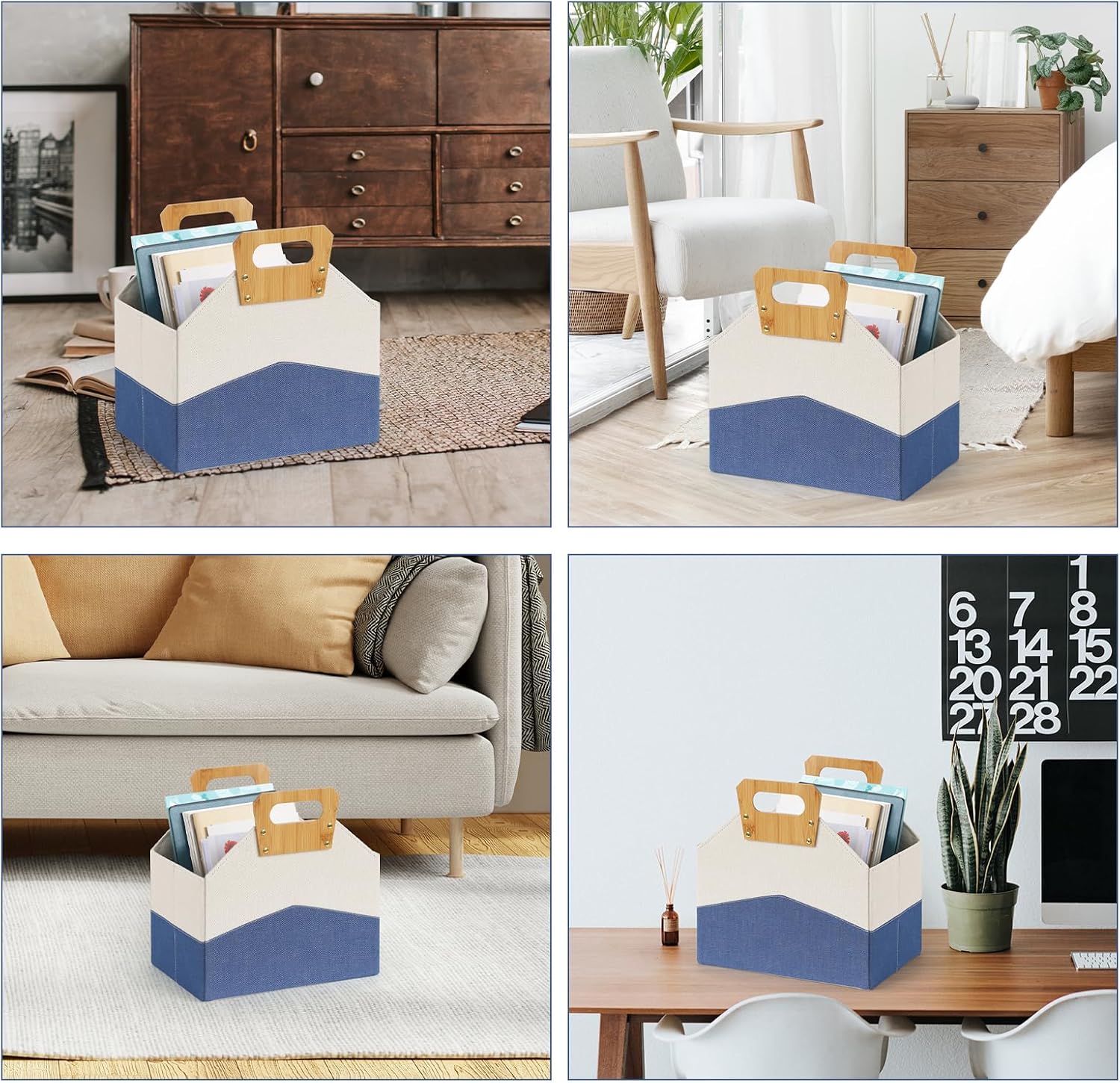 Paquete de 2 revisteros, revistero plegable con mango de bambú, soporte duradero para revistas, carpeta de suelo, organizador de libros de juguetes,