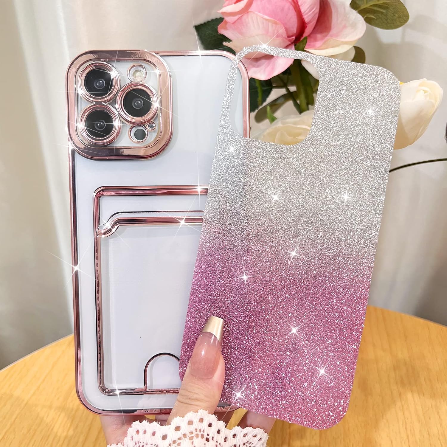 MZELQ Funda brillante chapada para iPhone 14 Pro Max, funda con purpurina degradada para tarjetero, protección de la cámara + 1 protector de