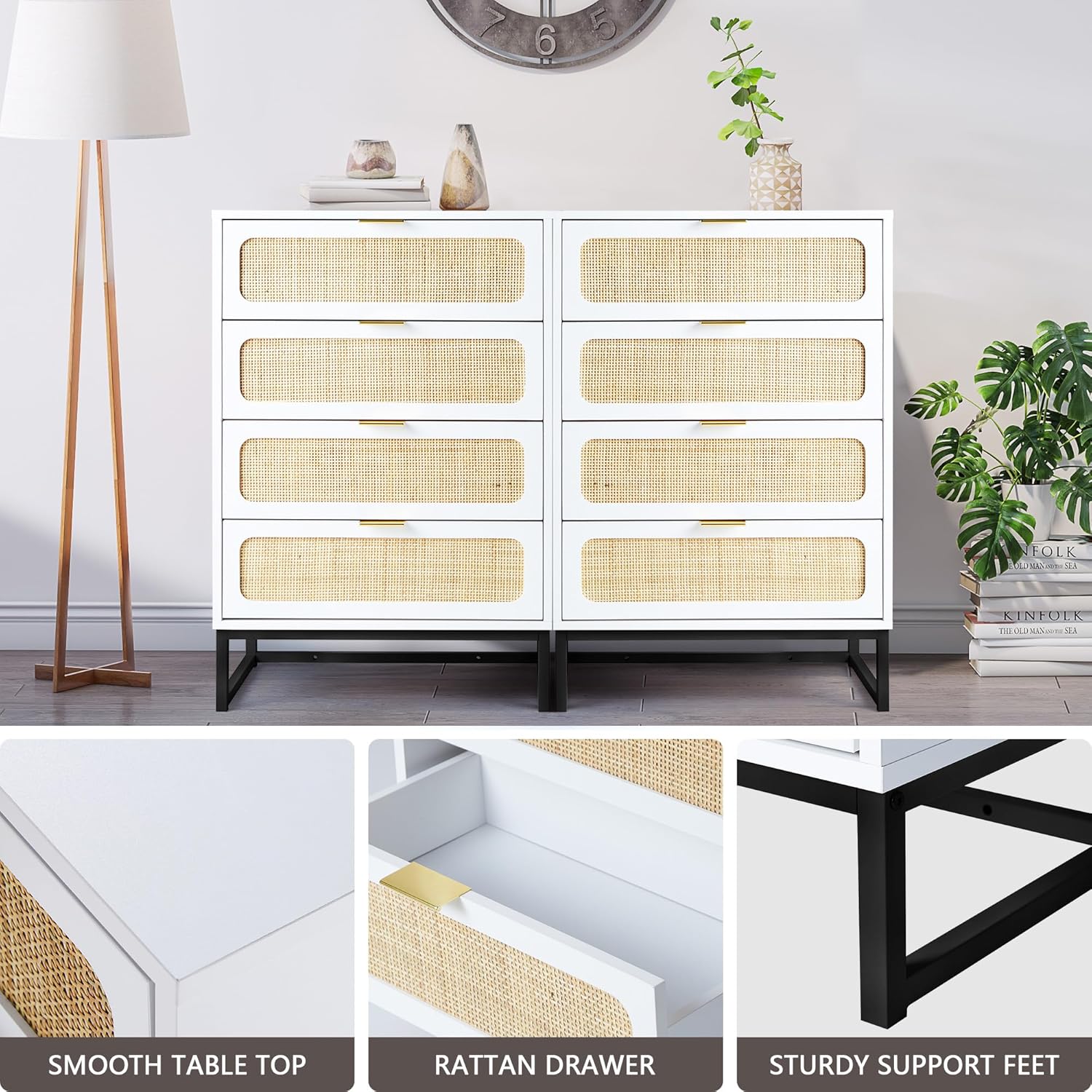 Cómoda de 8 cajones para dormitorio, cómoda de ratán, cómoda de armario, cómoda de almacenamiento de madera alta para sala de estar, dormitorio de