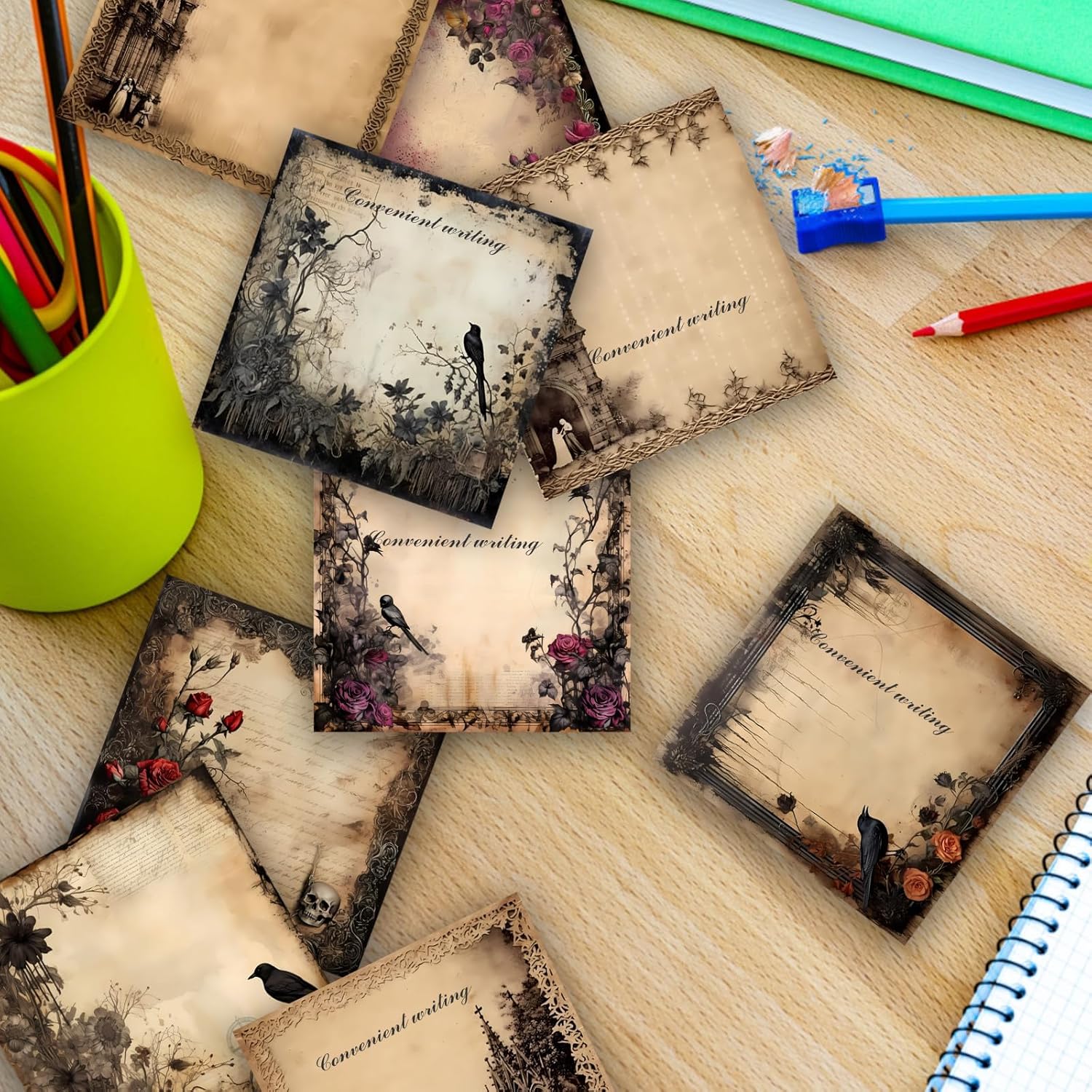 9 notas adhesivas de estilo gótico, autoadhesivas, estilo gótico, notas adhesivas de estilo gótico, notas adhesivas para escuela, oficina, hogar,
