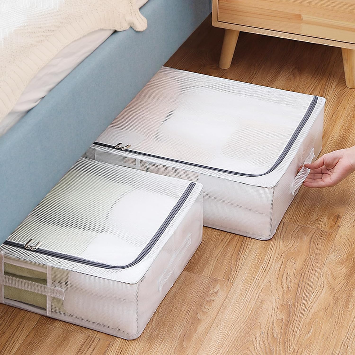 Contenedores de almacenamiento para debajo de la cama, paquete de 2, 30 litros de almacenamiento de ropa debajo de la cama con soporte interno