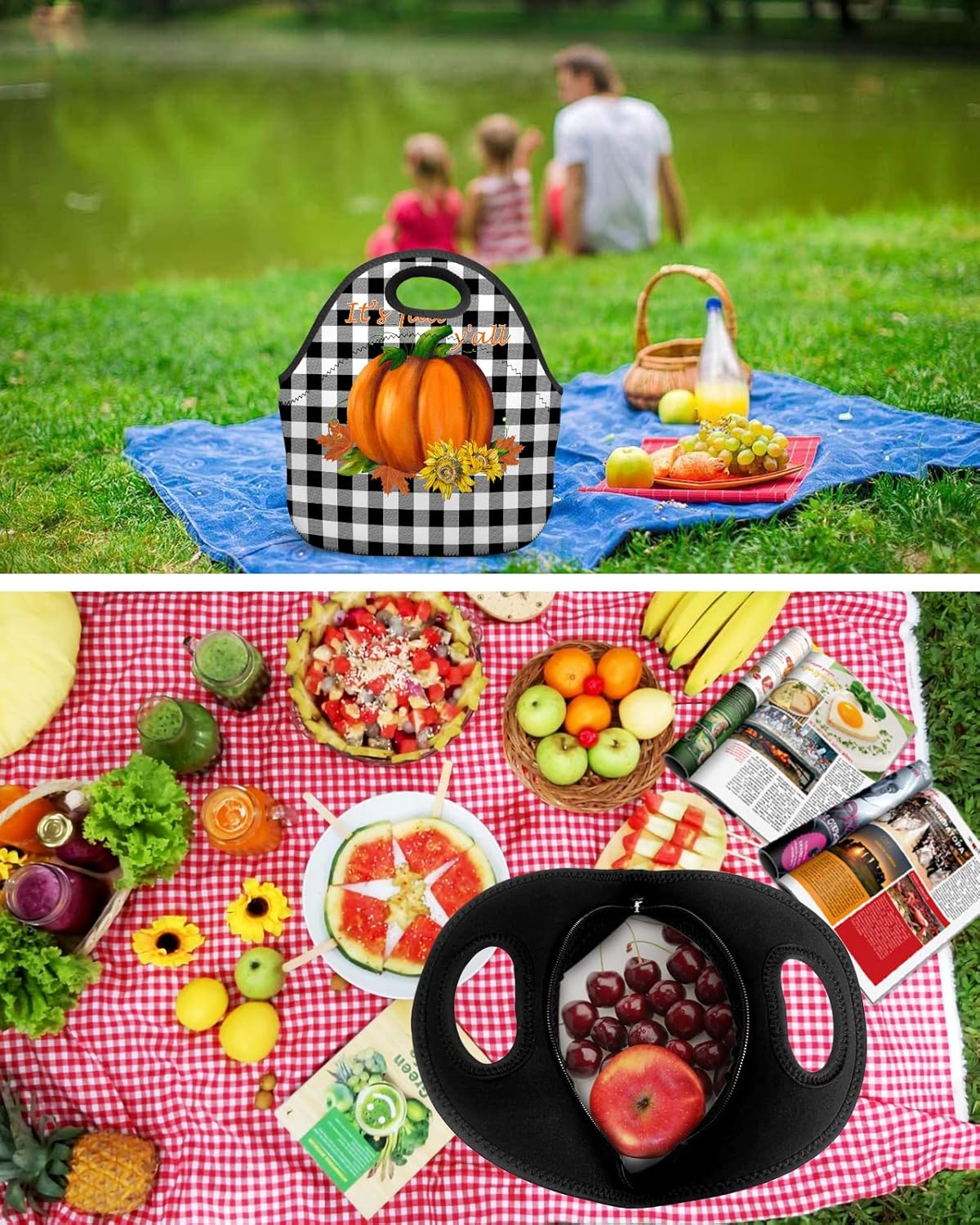 Reusable Neoprene Lunch Bag, It’s Fall Y’all Pumpkin on Black White Buffalo Plaid Soft Thermal Meal Tote, Lightweight Washable Insulated Lunch Pouch