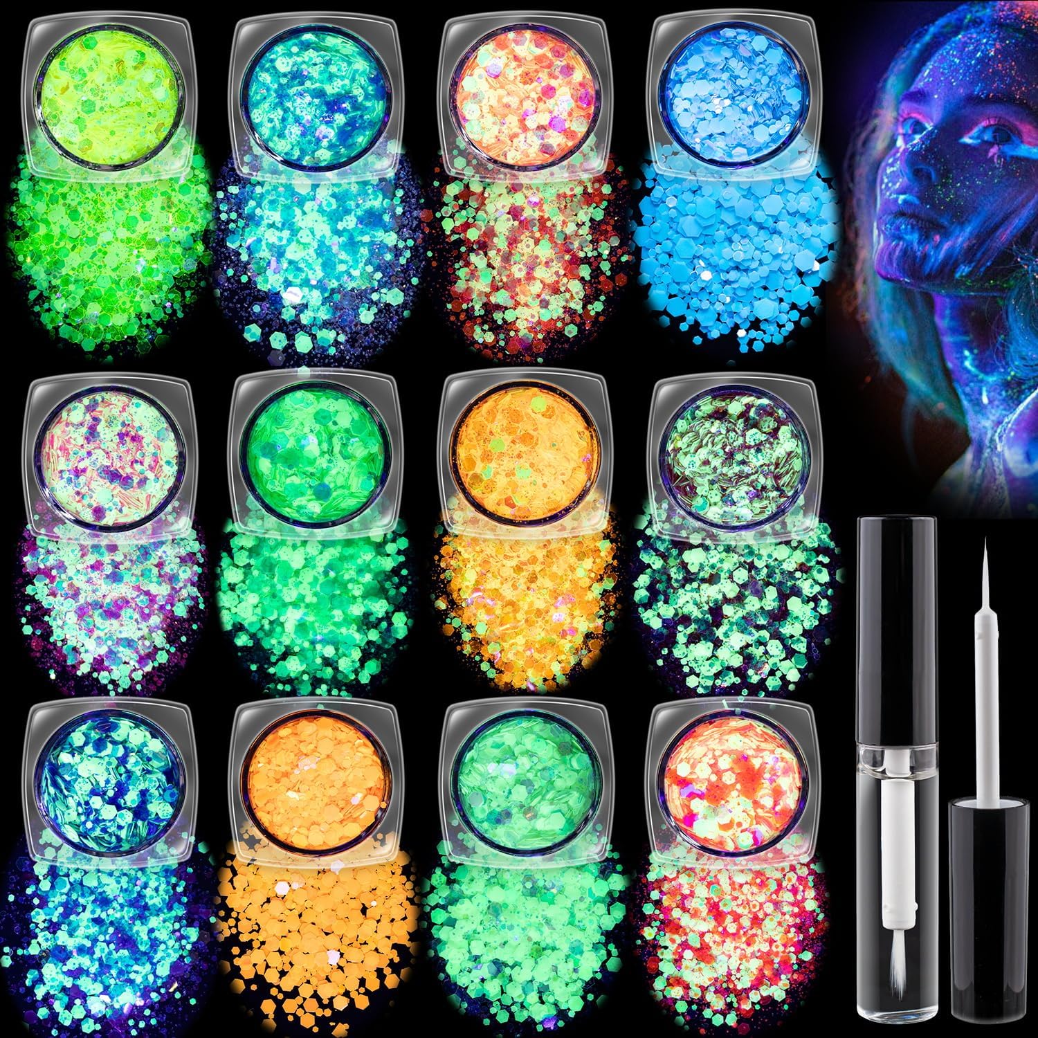 Juego de 12 colores que brillan en la oscuridad, purpurina holográfica brillante con pegamento de maquillaje para cuerpo, cara, ojos, cabello, uñas,