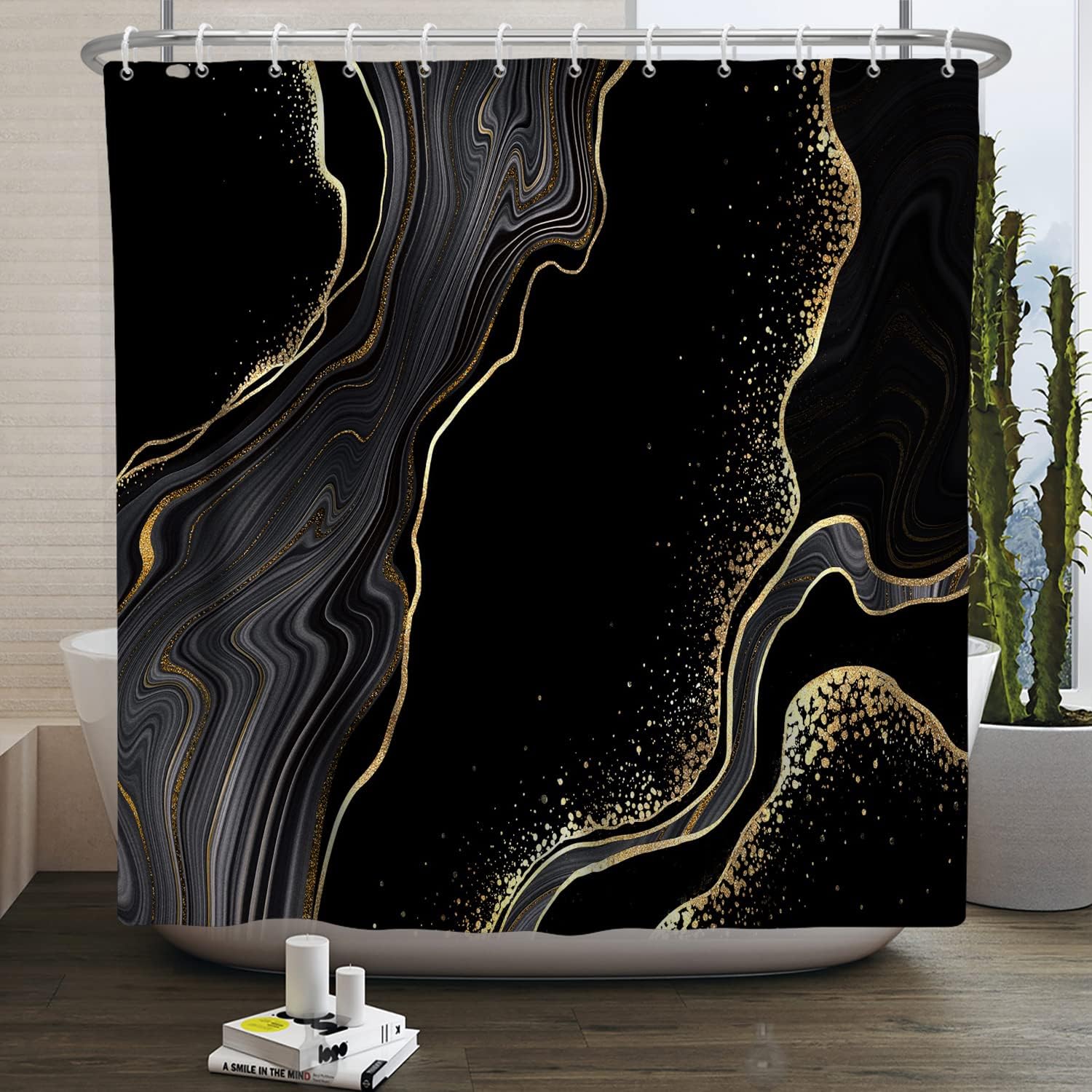 Baocicco Cortina de ducha de mármol negro y dorado, cortinas de ducha abstractas de lujo modernas para bañeras, cortina de ducha de tela impermeable