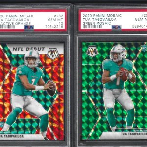 PSA 10 TUA TAGOVAILOA 2 CARD ROOKIE LOT SHORT PRINT PANINI MOSAIC REACTIVE ORANGE & GREEN DOLPHINS SUPERSTAR QUARTERBACK GRADED PSA GEM MINT 10 PSA 10 TUA TAGOVAILOA 2 CARD ROOKIE LOT SHORT PRINT PANINI MOSAIC REACTIVE ORANGE & GREEN DOLPHINS SUPERSTAR QUARTERBACK GRADED PSA GEM MINT 10