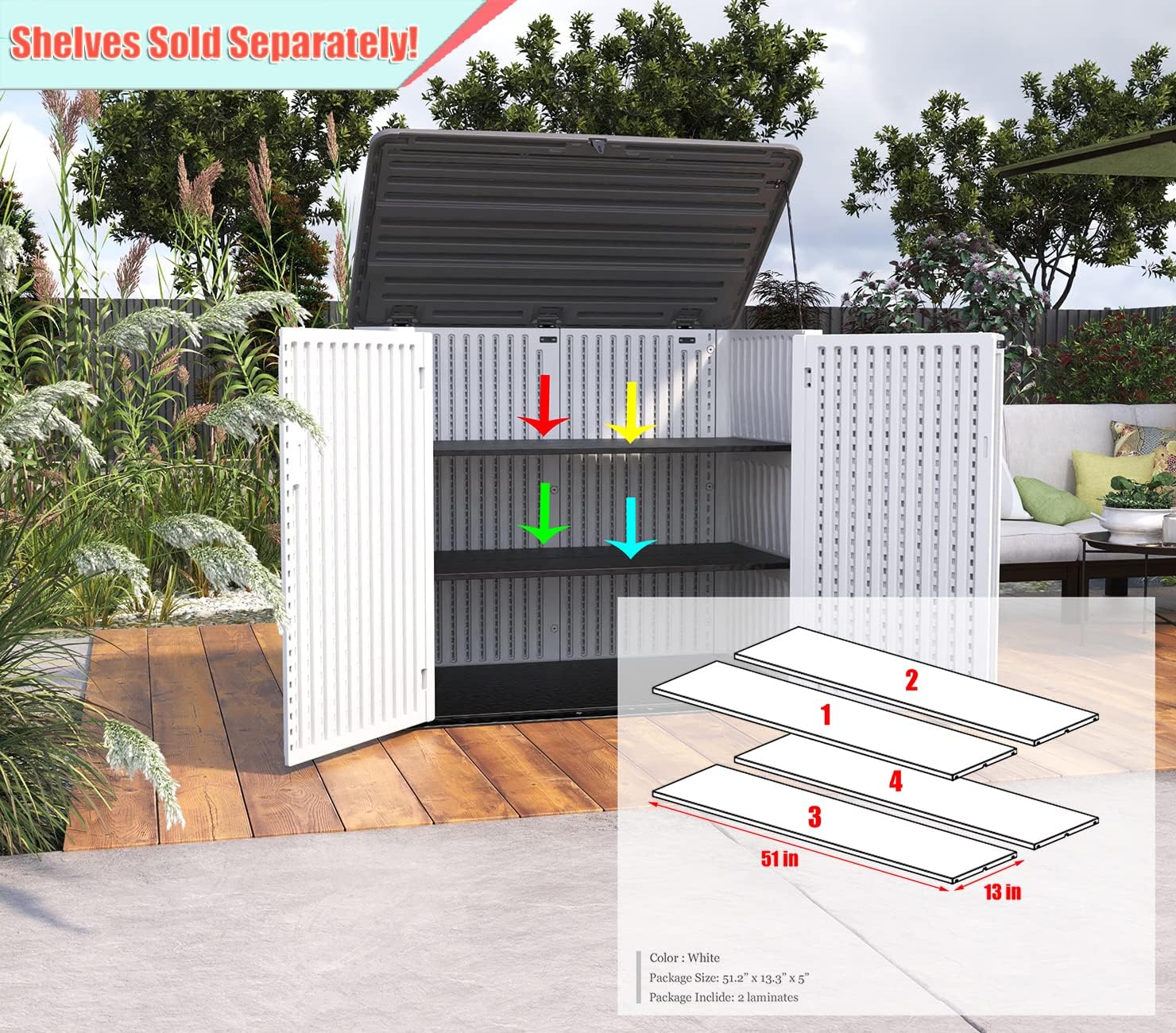 ADDOK 2SG – Cobertizo de almacenamiento horizontal más grande resistente a la intemperie, armario de almacenamiento al aire libre de 4.4 x 2.8 pies,