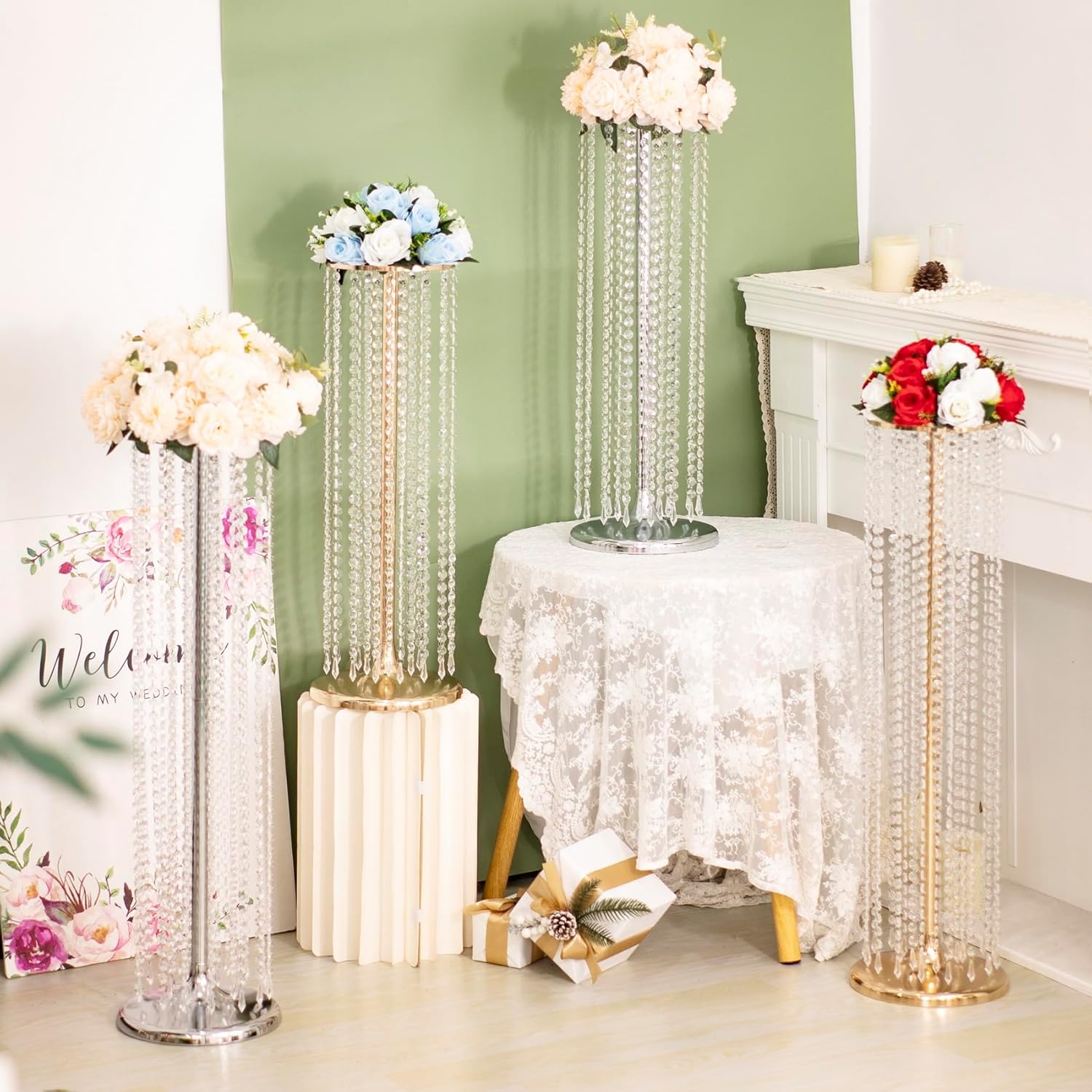 Juego de 2 lujosos soportes de flores de cristal para centros de mesa de boda en el suelo, soporte de arreglo floral de metal alto, jarrón de flores