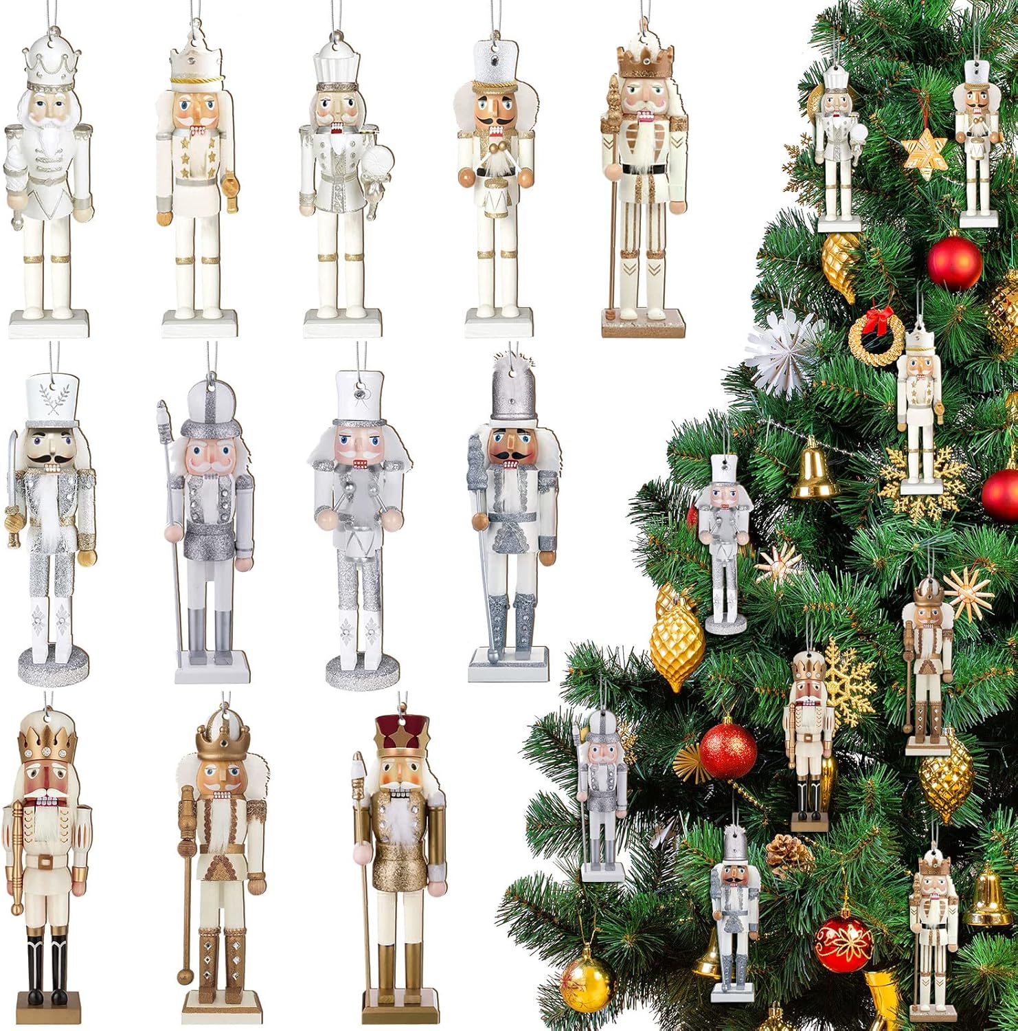 Juego de 48 adornos de cascanueces de Navidad, adornos de Navidad para rey y soldado, adornos de Navidad colgantes dorados y plateados con