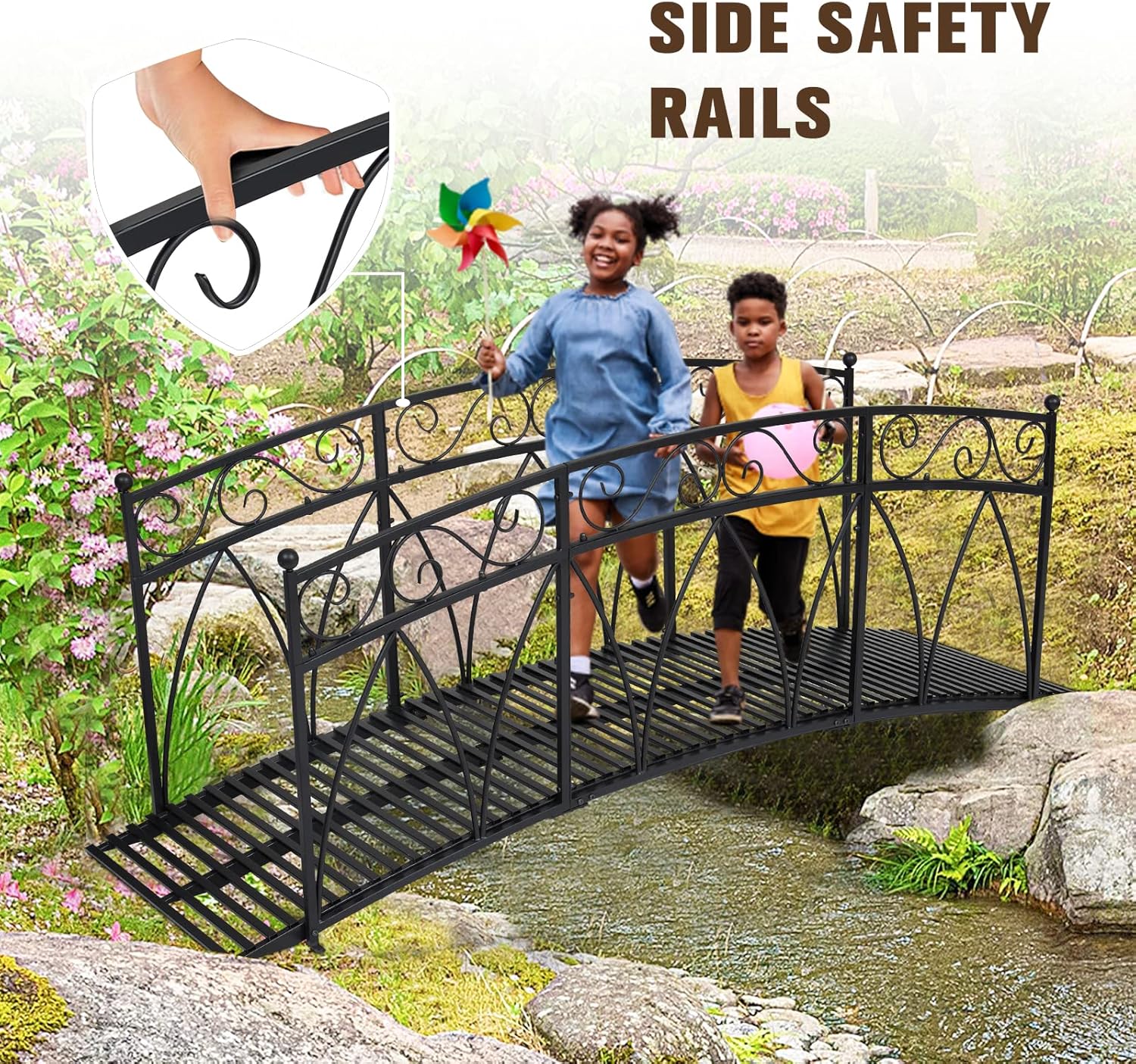 Puente de jardín de metal de 8 pies con carriles laterales con patrones de seguridad, puente de arco de hierro decorativo para exteriores, puente