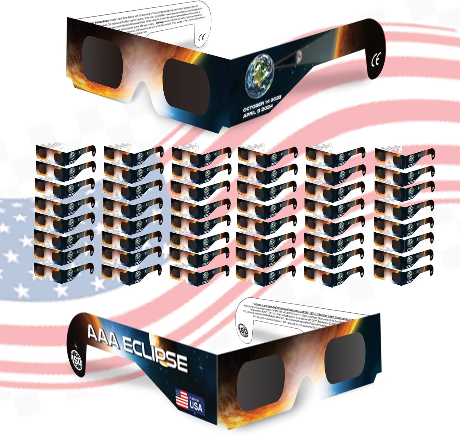 Paquete de 50 lentes para eclipse solar, aprobados por la AAS 2024, fabricados en Estados Unidos, con certificación ISO 12312-2 y lentes de visión