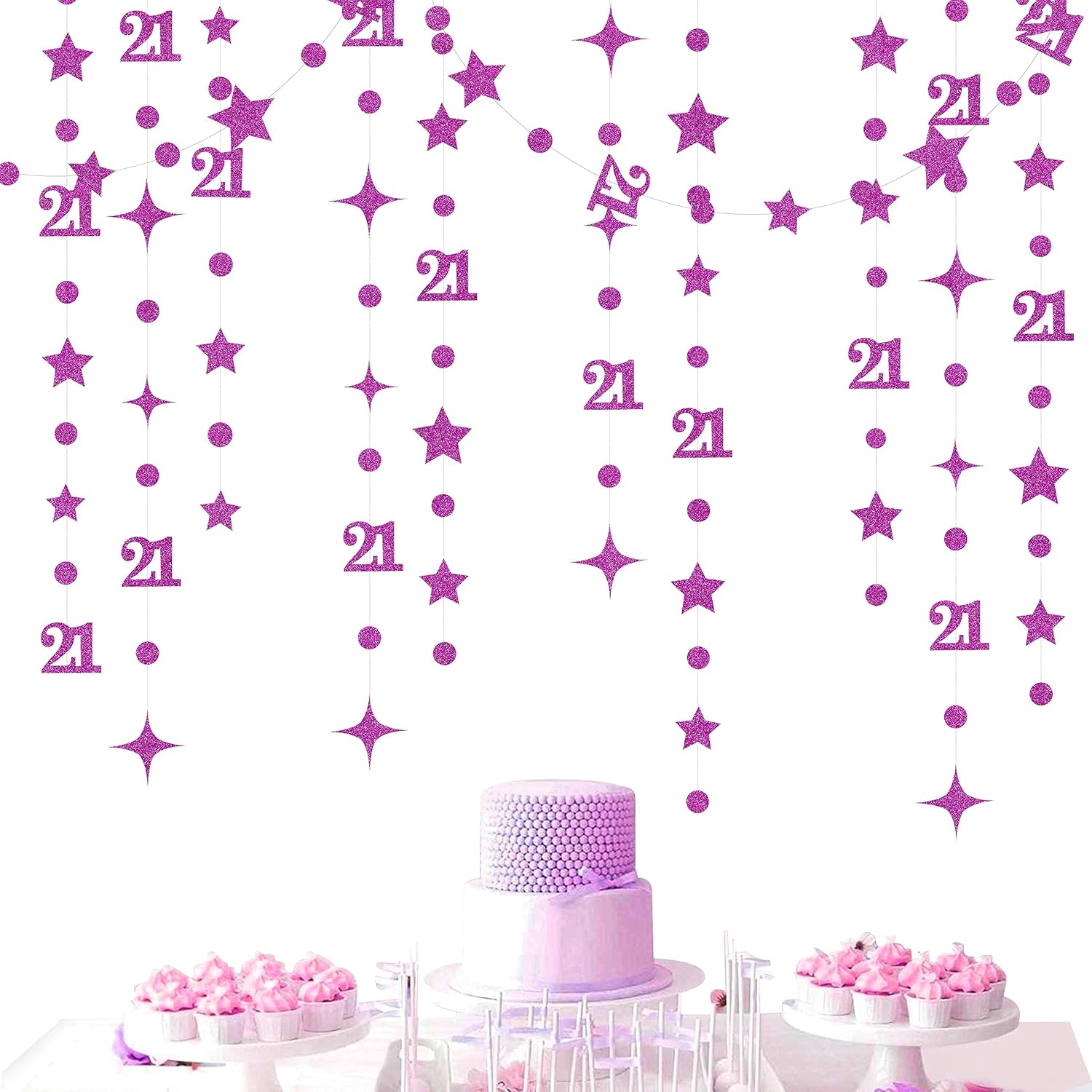 Guirnalda de estrellas centelleantes con el número 21 de color morado con purpurina para colgar en banderines, decoración de telón de fondo para