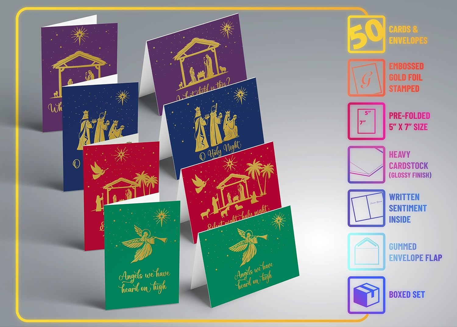 Better Office Products Paquete de 50 tarjetas de Navidad religiosas con detalles de lámina dorada en relieve, 5 x 7 pulgadas, alto brillo, saludo