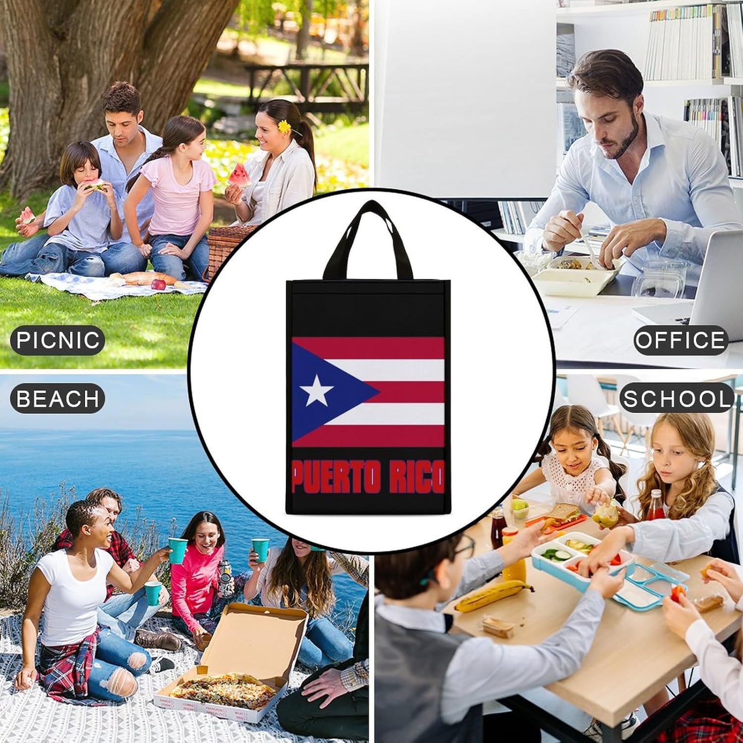 Banderas de Puerto Rico Bolsa de almuerzo plegable aislada lonchera portátil con bolsillos para el trabajo, picnic al aire libre