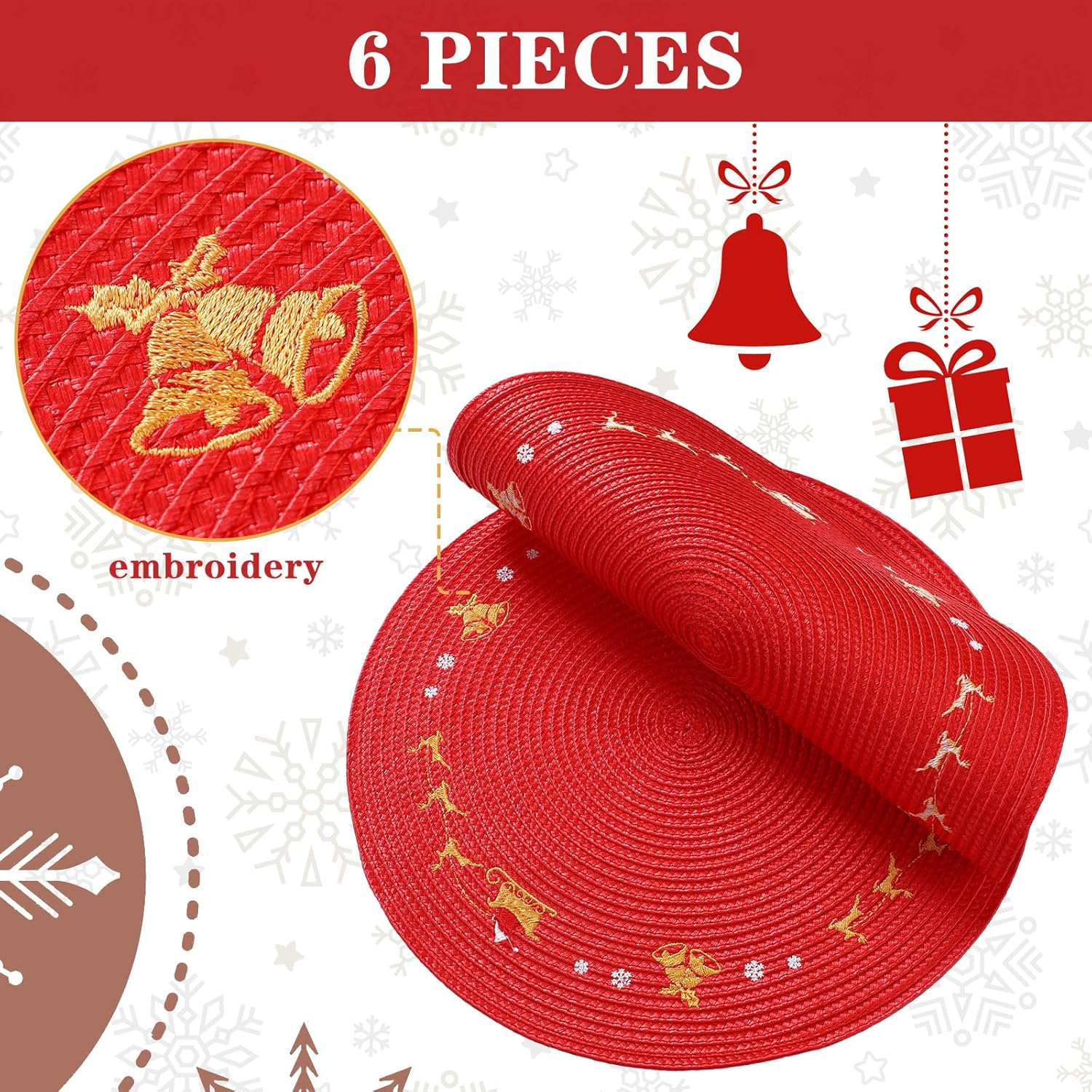 Tioncy 6 manteles individuales de plástico redondos de Navidad con copos de nieve rojos de 13.4 pulgadas, mantel individual de reno de invierno con