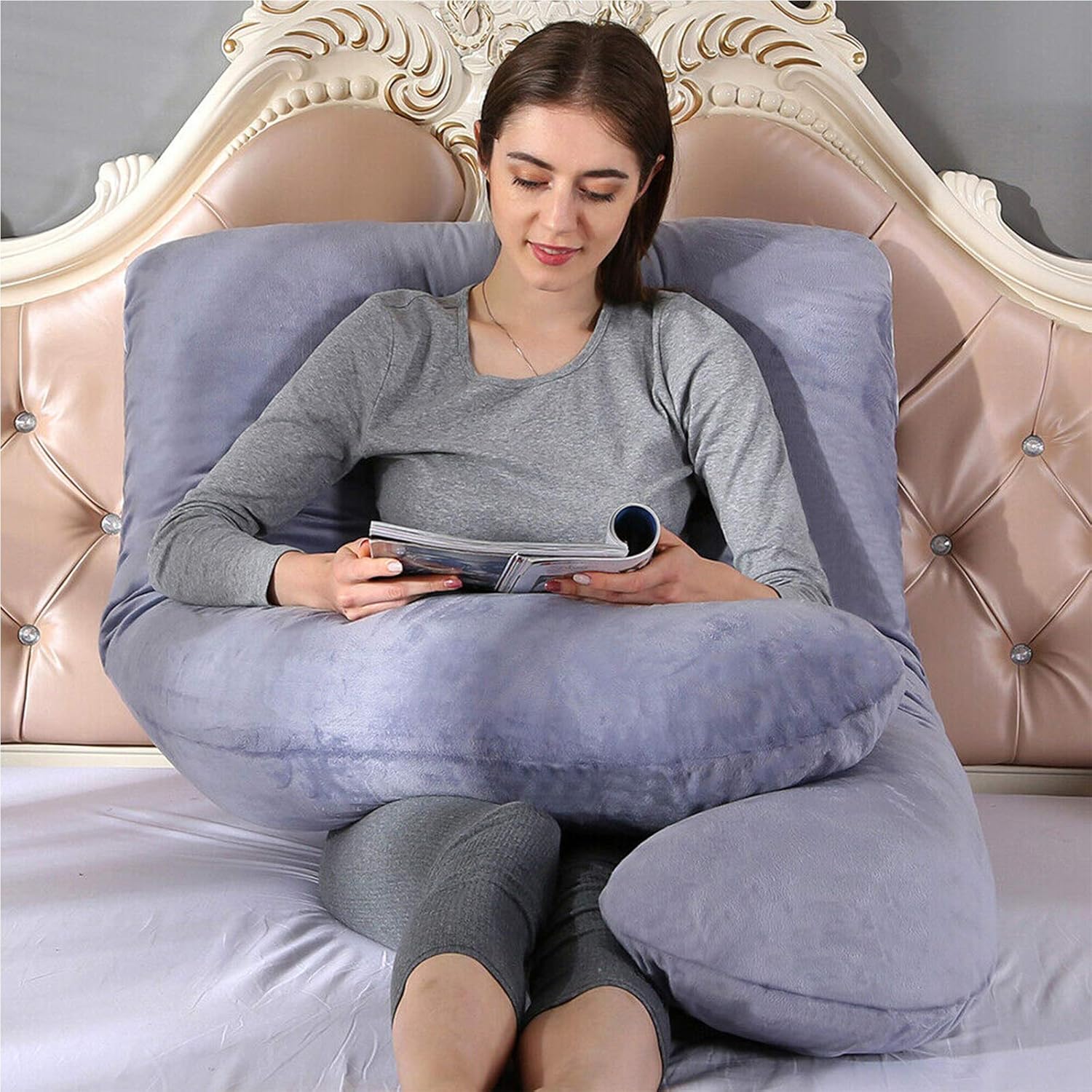Almohada de embarazo de 51 pulgadas, almohada de cuerpo completo en forma de U de tamaño pequeño con funda de almohada de terciopelo lavable,