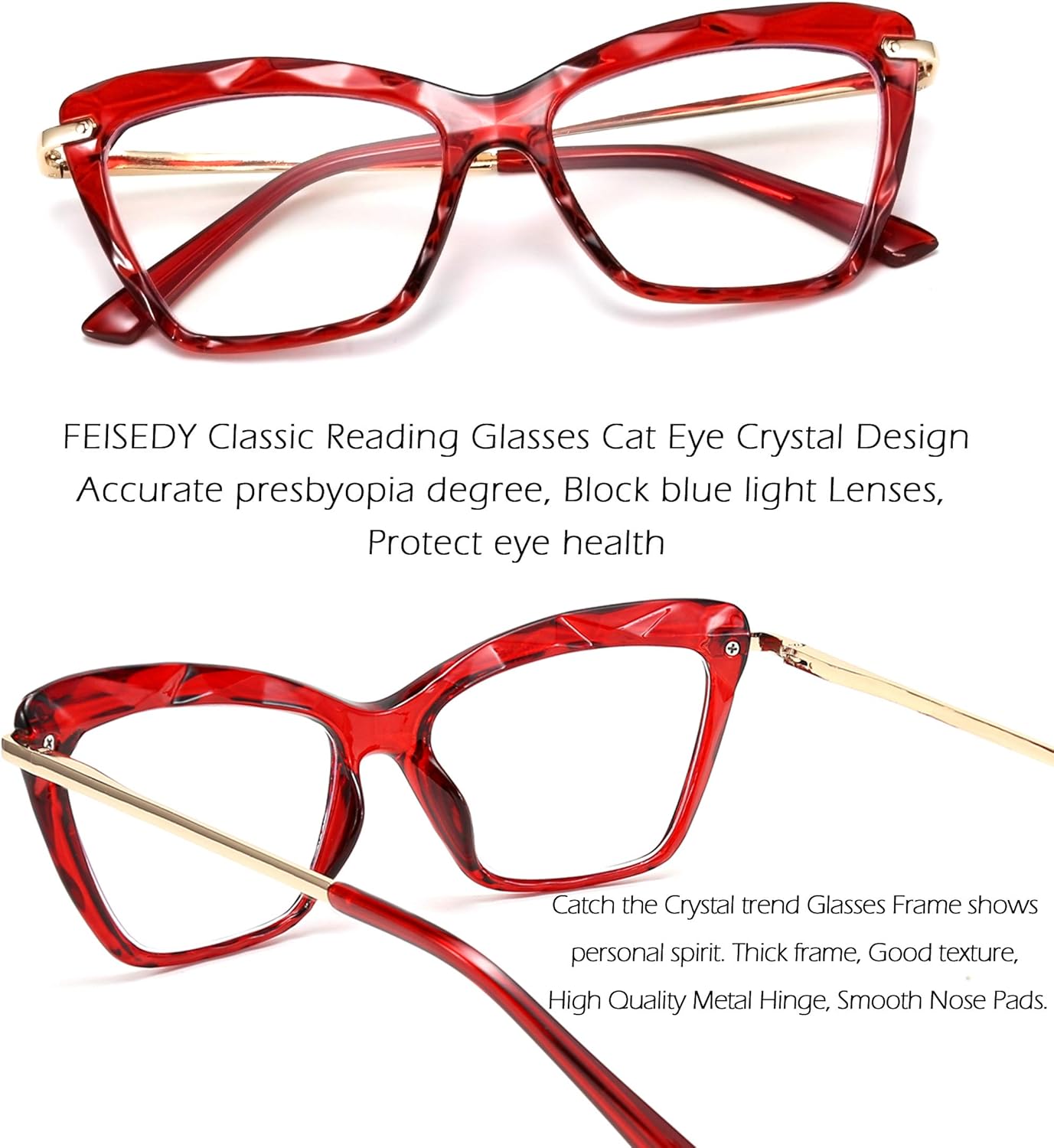 FEISEDY Gafas de lectura de ojo de gato de cristal, con bloqueo de luz azul, antifatiga ocular, B2596, vino, 2.5x