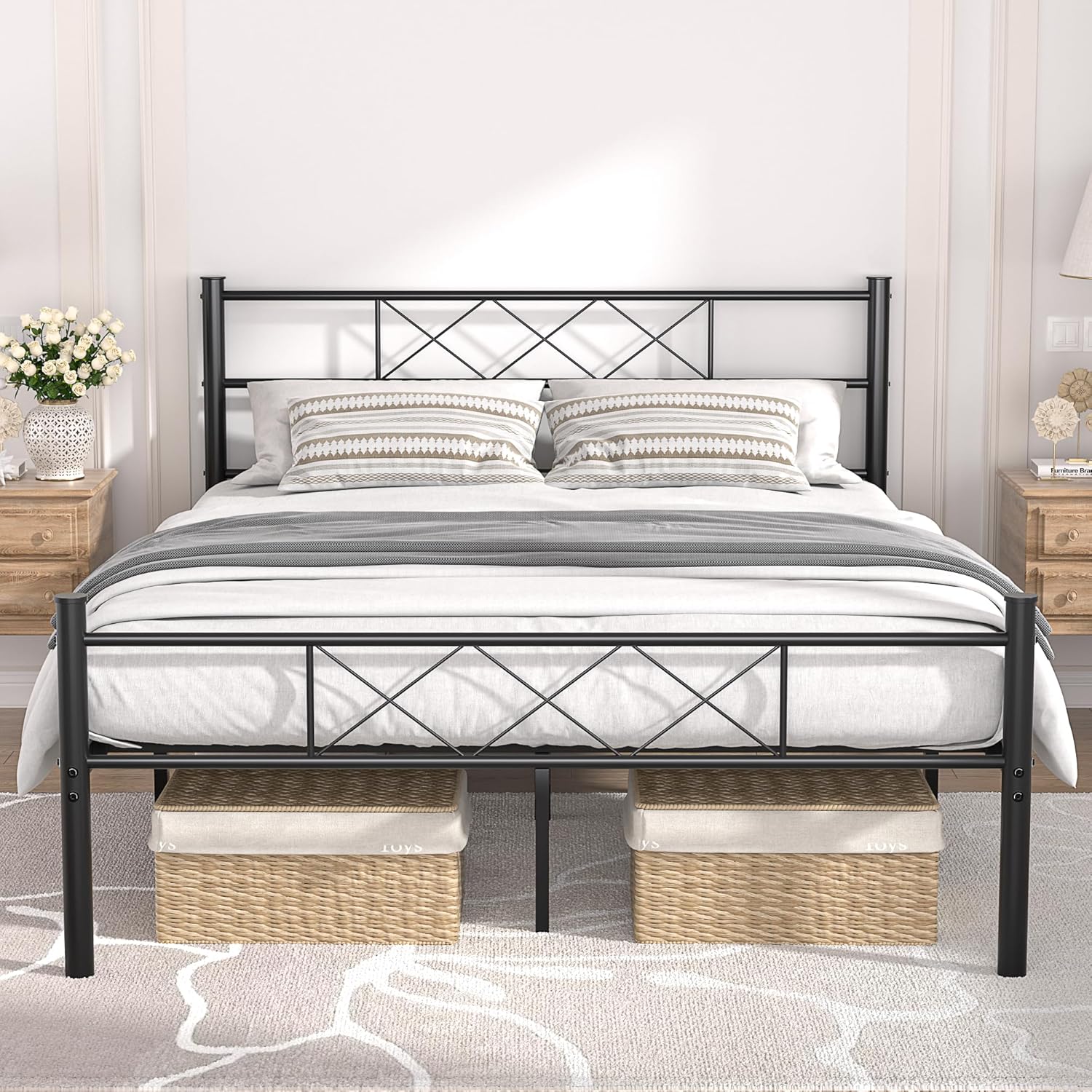 VECELO Base de cama de tamaño matrimonial con cabecero, plataforma resistente y base de colchón con soporte de listones de metal, no necesita