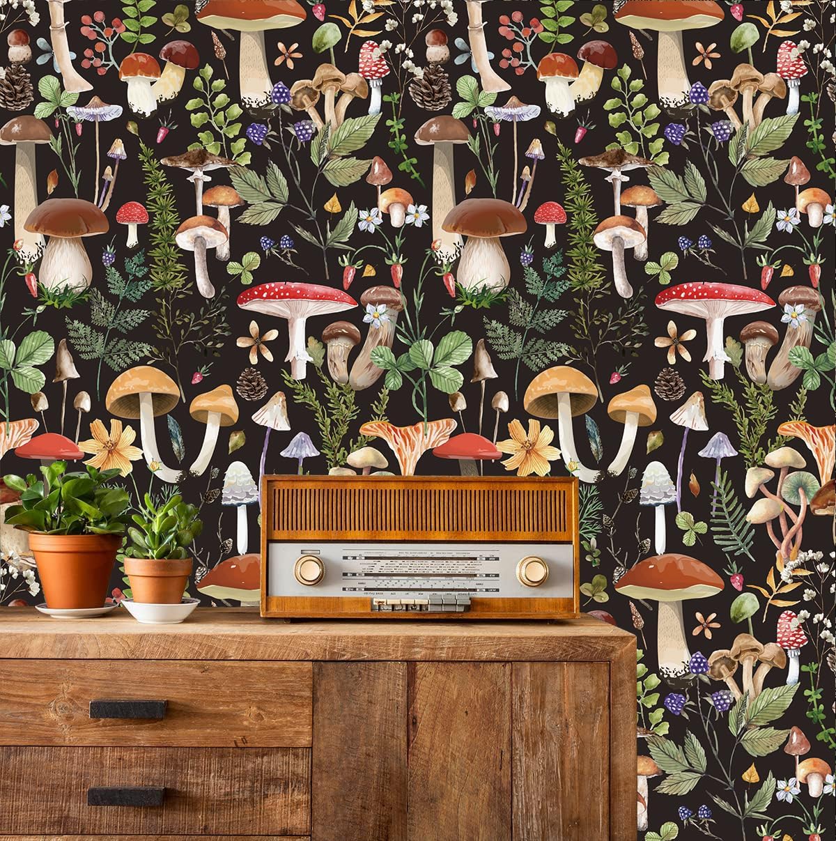 Papel tapiz autoadhesivo con diseño de hongos, estilo bohemio, para el hogar, diseño floral, extraíble, color rojo, para muebles de cocina sobre