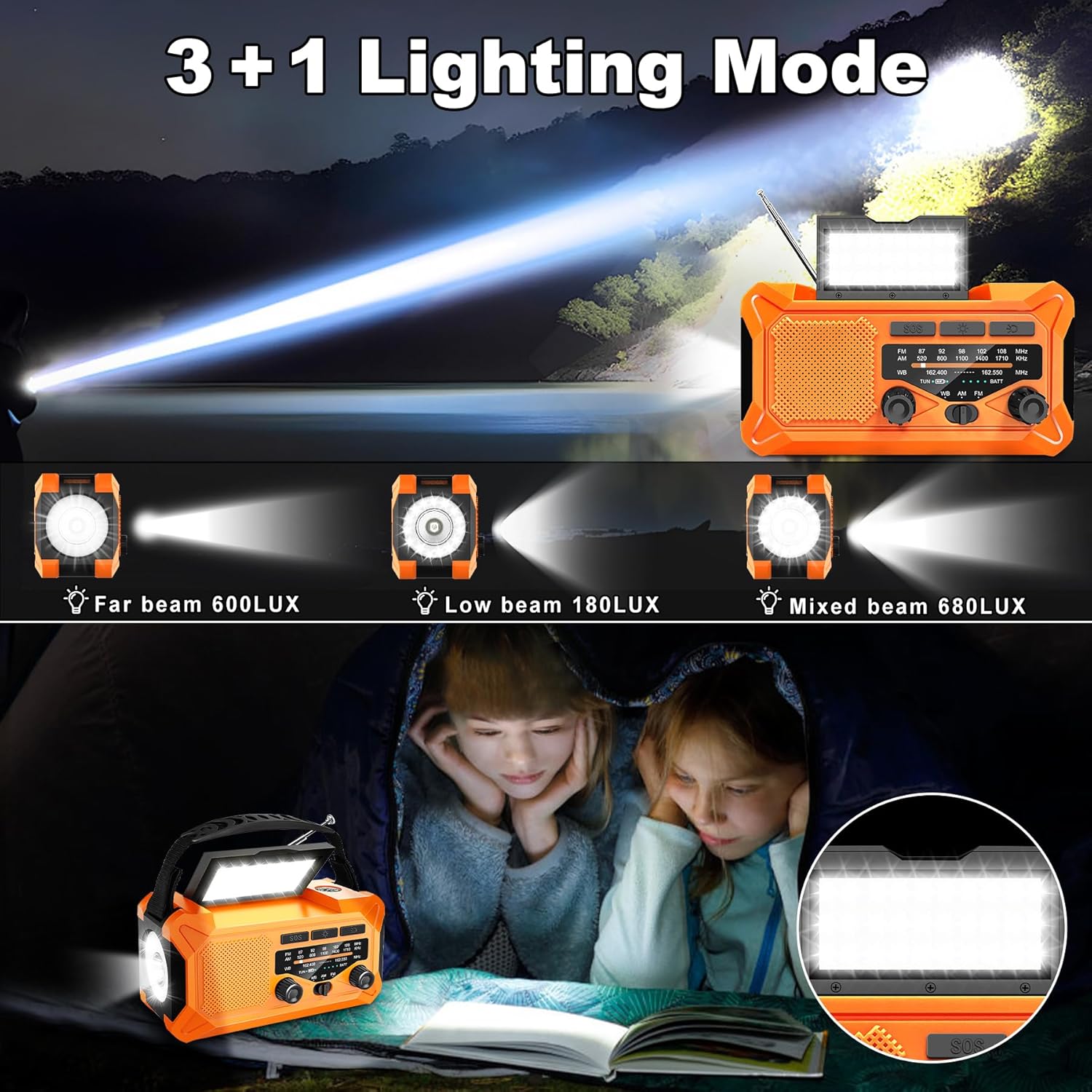 Radio meteorológica de emergencia de 10000 mAh con carga solar, manivela y carga tipo C, radio portátil AMFMNOAA, linterna LED, brújula de lámpara