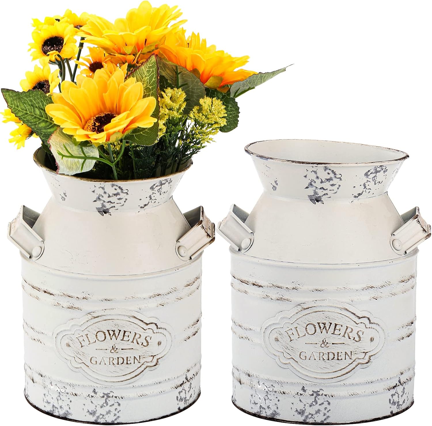 Suwimut Paquete de 2 jarrones de metal rústico, 7.9 pulgadas, estilo Shabby Chic Vintage Farmhouse White Jarrón, Jarrón de leche galvanizado rústico