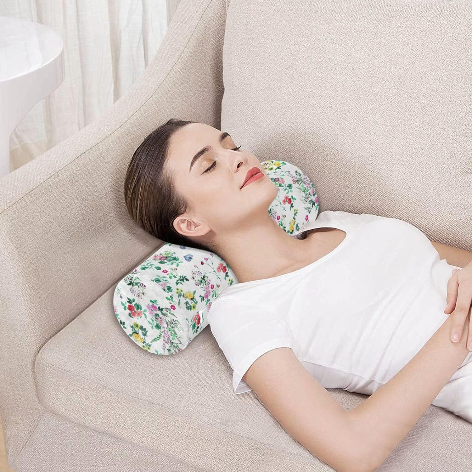 Almohada con diseño de hojas y flores silvestres para piernas para dormir, almohada cervical con funda de almohada larga redonda para cama