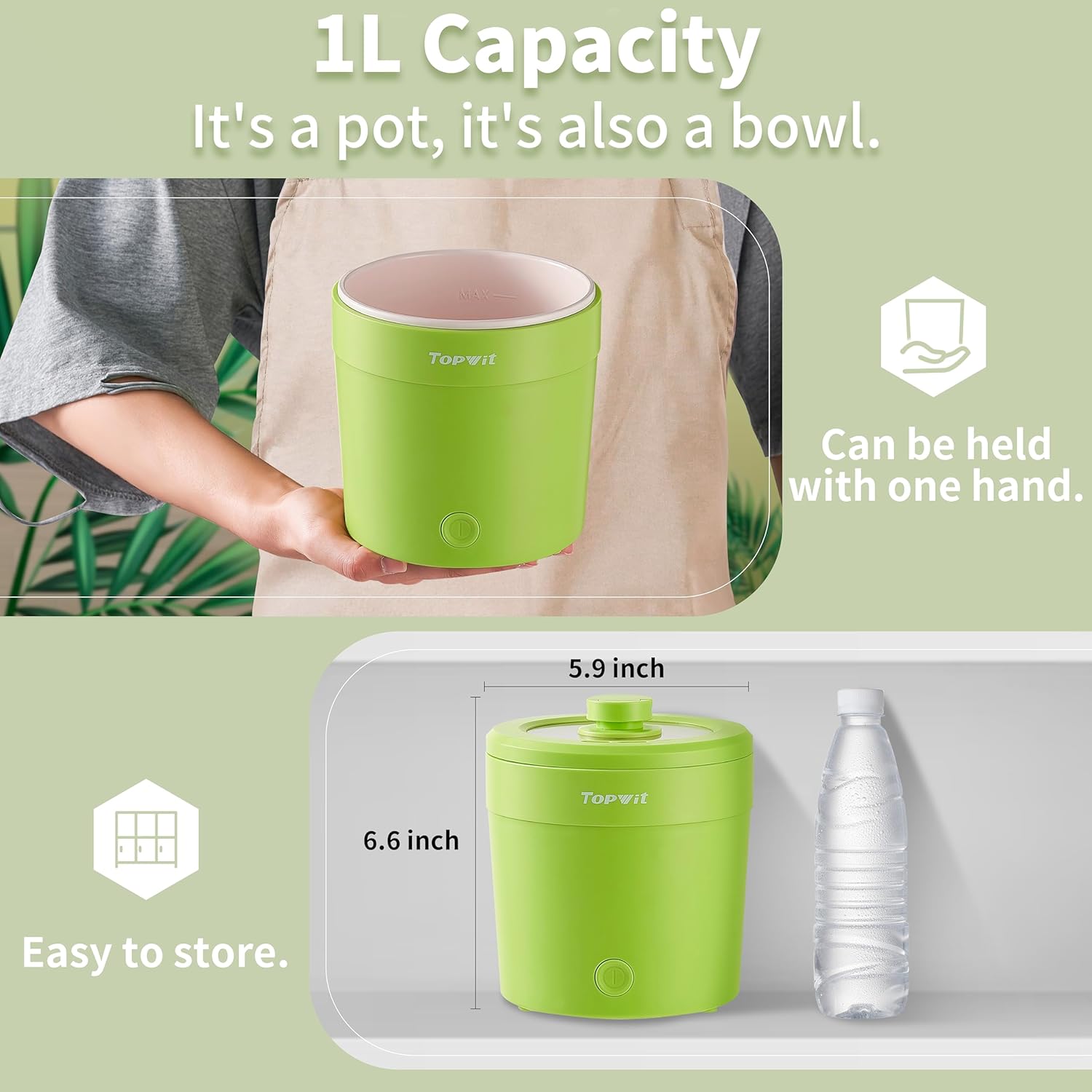 Topwit Ramen – Mini olla eléctrica de 1 litro, olla eléctrica de 500 W para fideos, olla portátil para pasta, bistec, huevo con protección contra