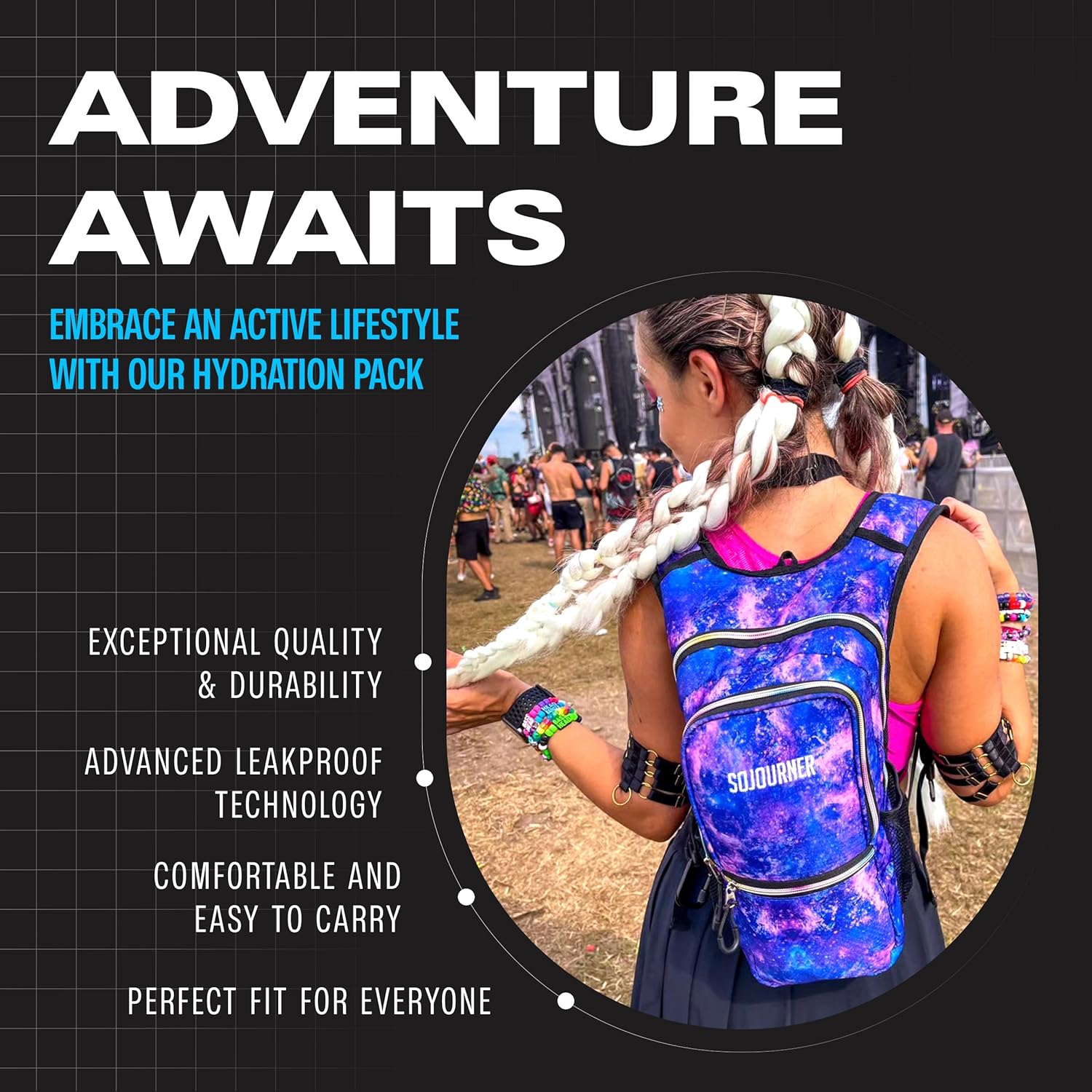 SoJourner Bags, Rave Hydration Pack – Bolsa de agua de 2L incluida, para festivales, raves, senderismo, ciclismo, fiestas, escalada, carrera y más