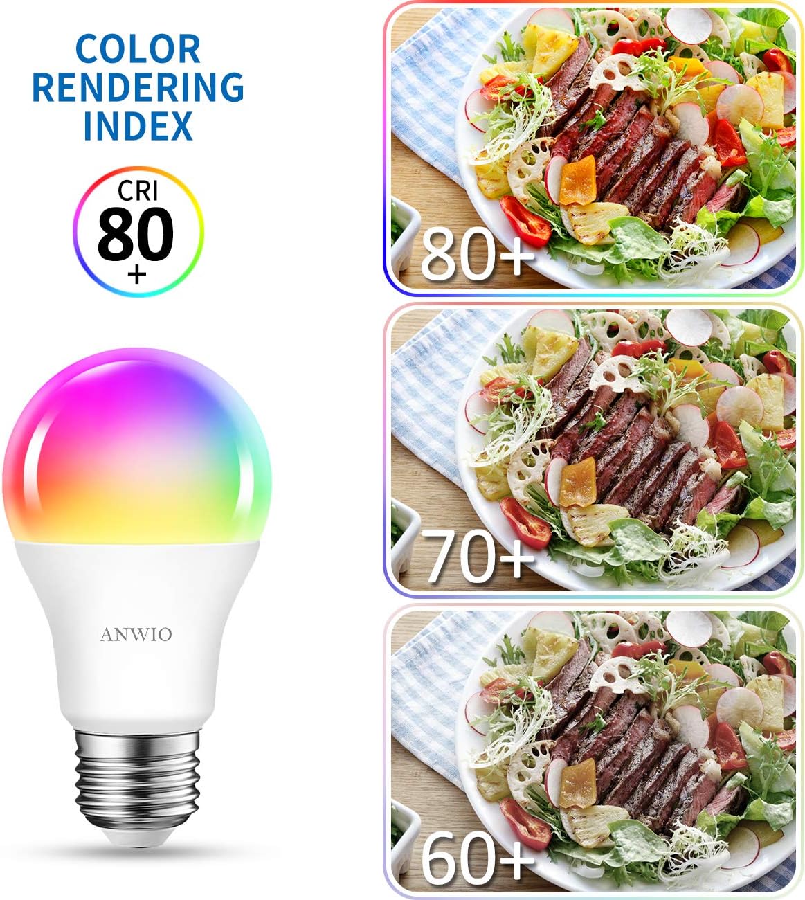 ANWIO Paquete de 4 bombillas inteligentes de 8.5 W (reemplazo de 60 W) A19 E26 bombilla LED funciona con Alexa, Google Assistant, aplicación Smart
