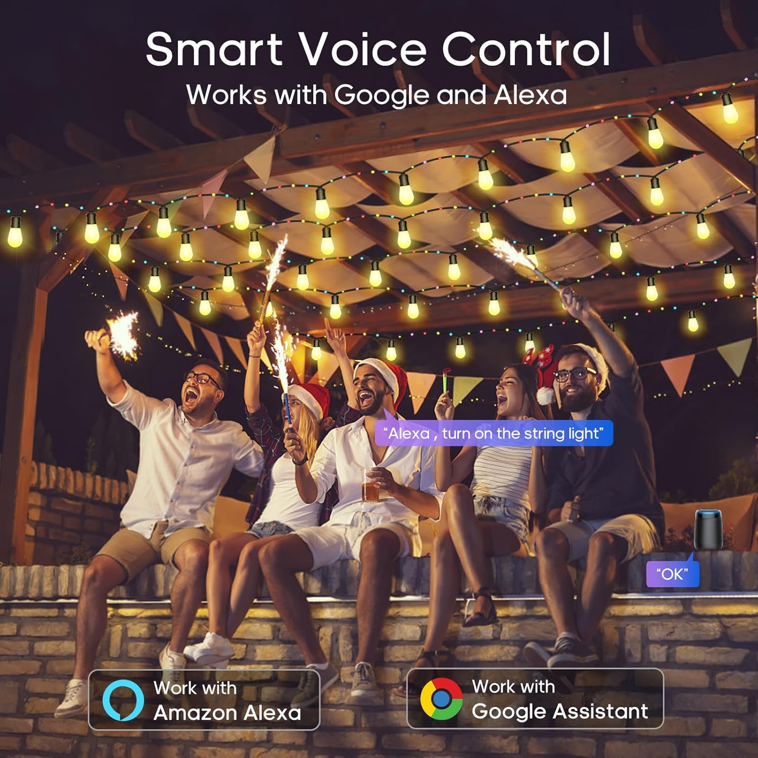 Nopoor Guirnalda de luces inteligentes para exteriores, bombillas LED RGB de 50 pies de color blanco cálido, luces de patio WiFi funcionan con