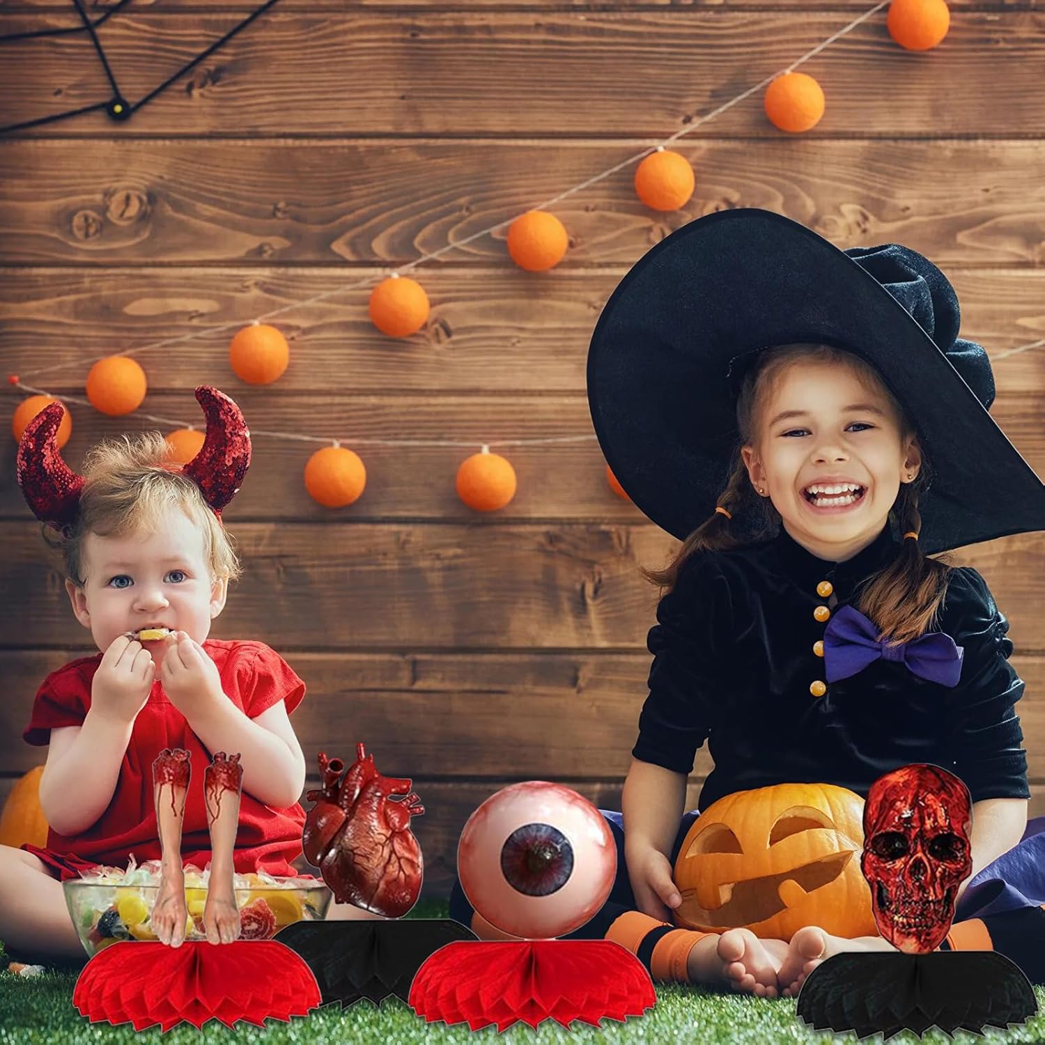 Dulousia Centros de mesa sangrientos de Halloween, 8 piezas 3D espeluznantes partes del cuerpo roto de panal, decoración de mesa de cadáver