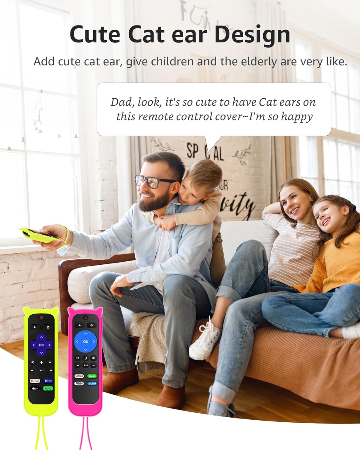 ONEBOM Paquete de 2 fundas para control remoto Roku con diseño de orejas de gato, funda de silicona compatible con HisenseTCL Roku TV, Steaming