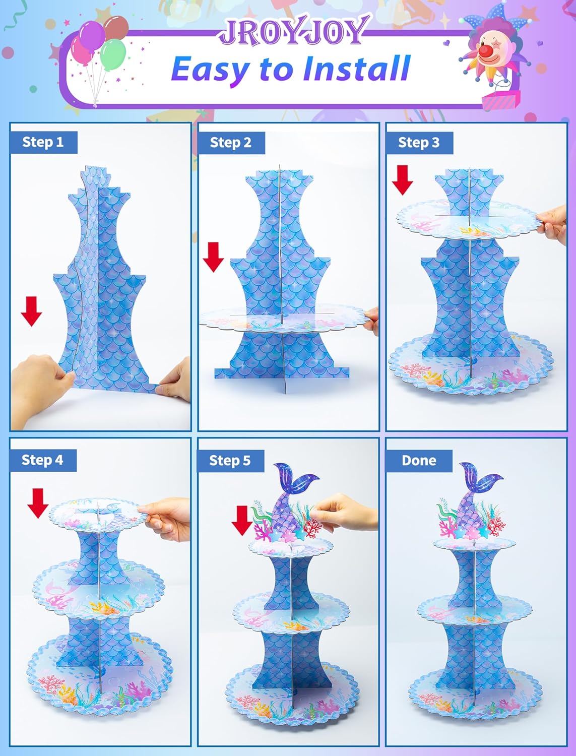 JroyJoy Soporte para cupcakes de sirena, 3 niveles con decoración de tartas y envoltorios de cupcakes y juego de pancartas de feliz cumpleaños,