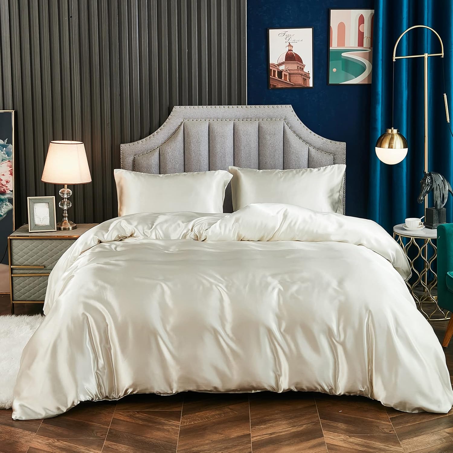 Juego de funda de edredón de satén beige crema, ropa de cama sedosa de lujo, ropa de cama sedosa de microfibra beige y gris, juego de ropa de cama
