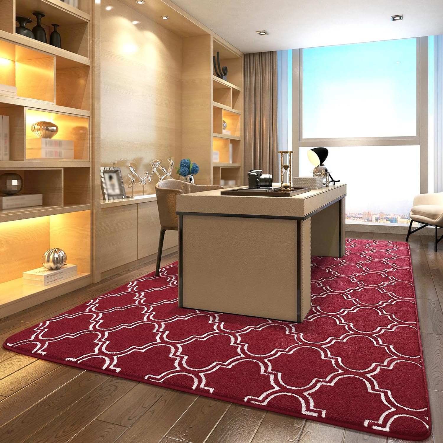 HOMORE Alfombra geométrica para dormitorio, 5 x 7 pies, color rojo vino, alfombra lanuda para sala de estar, alfombra de área suave para niños,