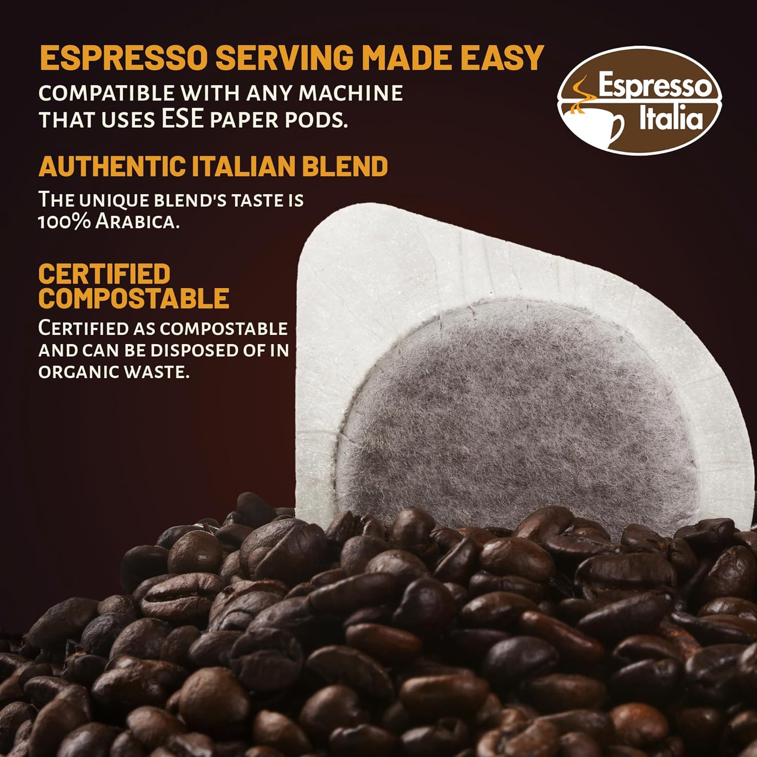 Espresso Italia ESE Cialde Pods – 50 cápsulas compostables INTENSO AROMATICO Café italiano. Tostado oscuro
