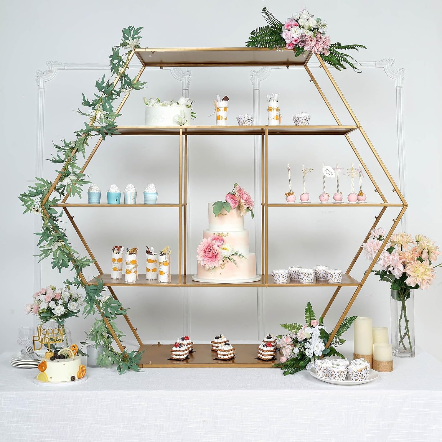 Efavormart – Soporte hexagonal grande de metal dorado para postres para tartas y postres, telón de fondo de arco de boda, estante para globos,