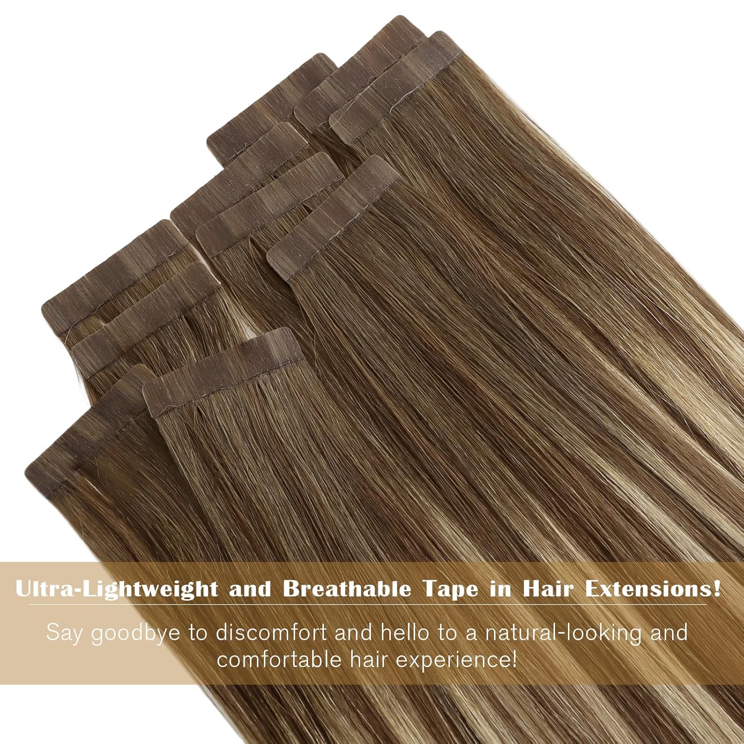 Ve Sunny Extensiones de cabello humano con cinta adhesiva, balayage, color marrón medio, rubio platino y marrón, extensiones de cabello con cinta