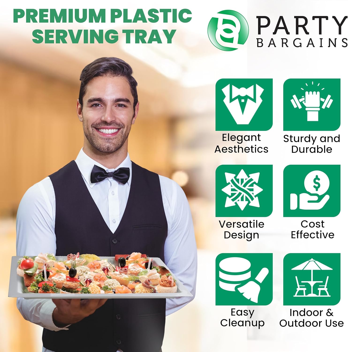 PARTY BARGAINS Bandejas de plástico para servir de 16 x 11 pulgadas, paquete de 8 bandejas desechables de plástico blanco, excelentes para bodas,