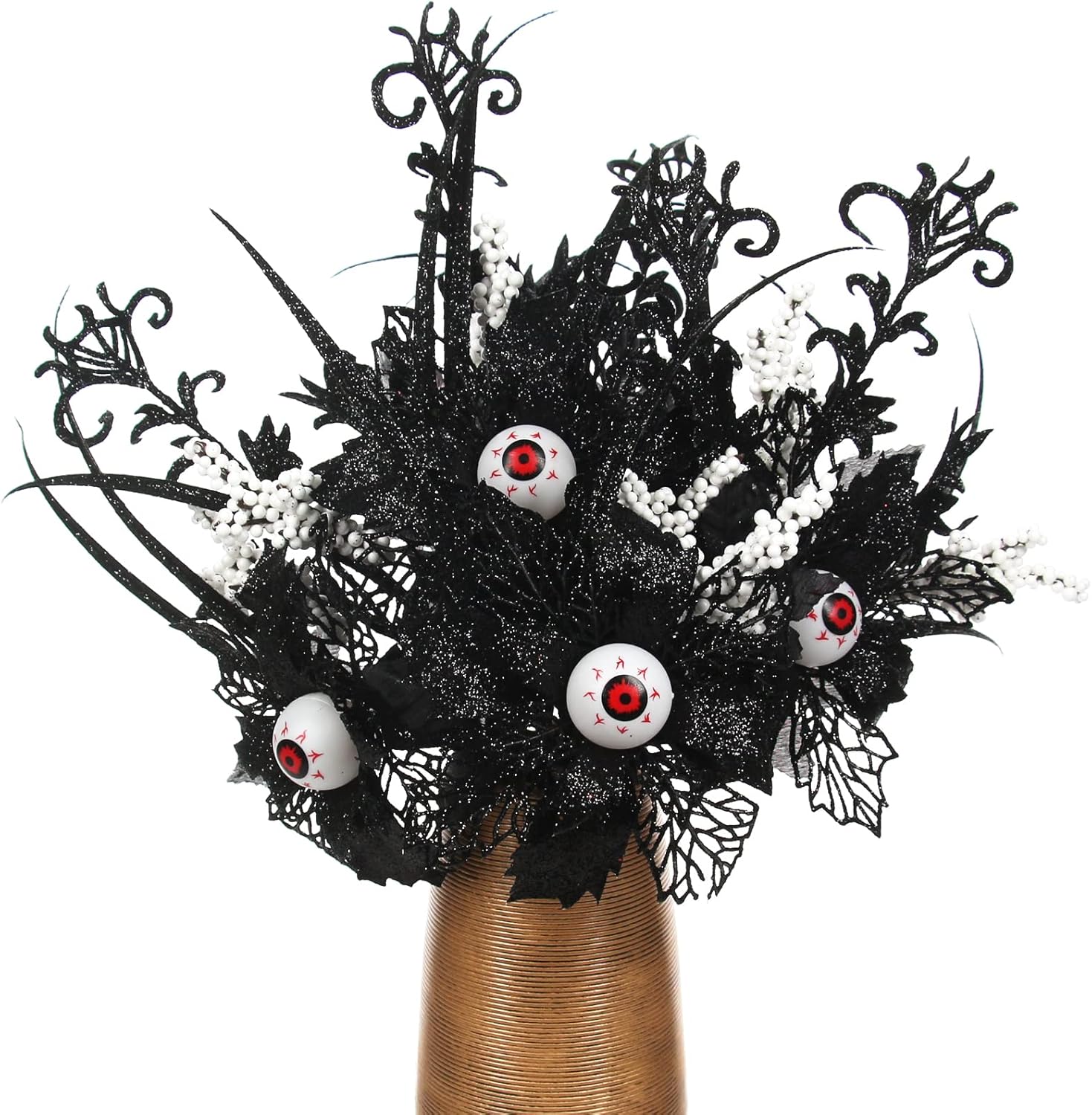 Tinsow 5 piezas de flores negras de Halloween, 16.5 pulgadas con purpurina de ojos del diablo, tallos de ojos artificiales para Halloween,