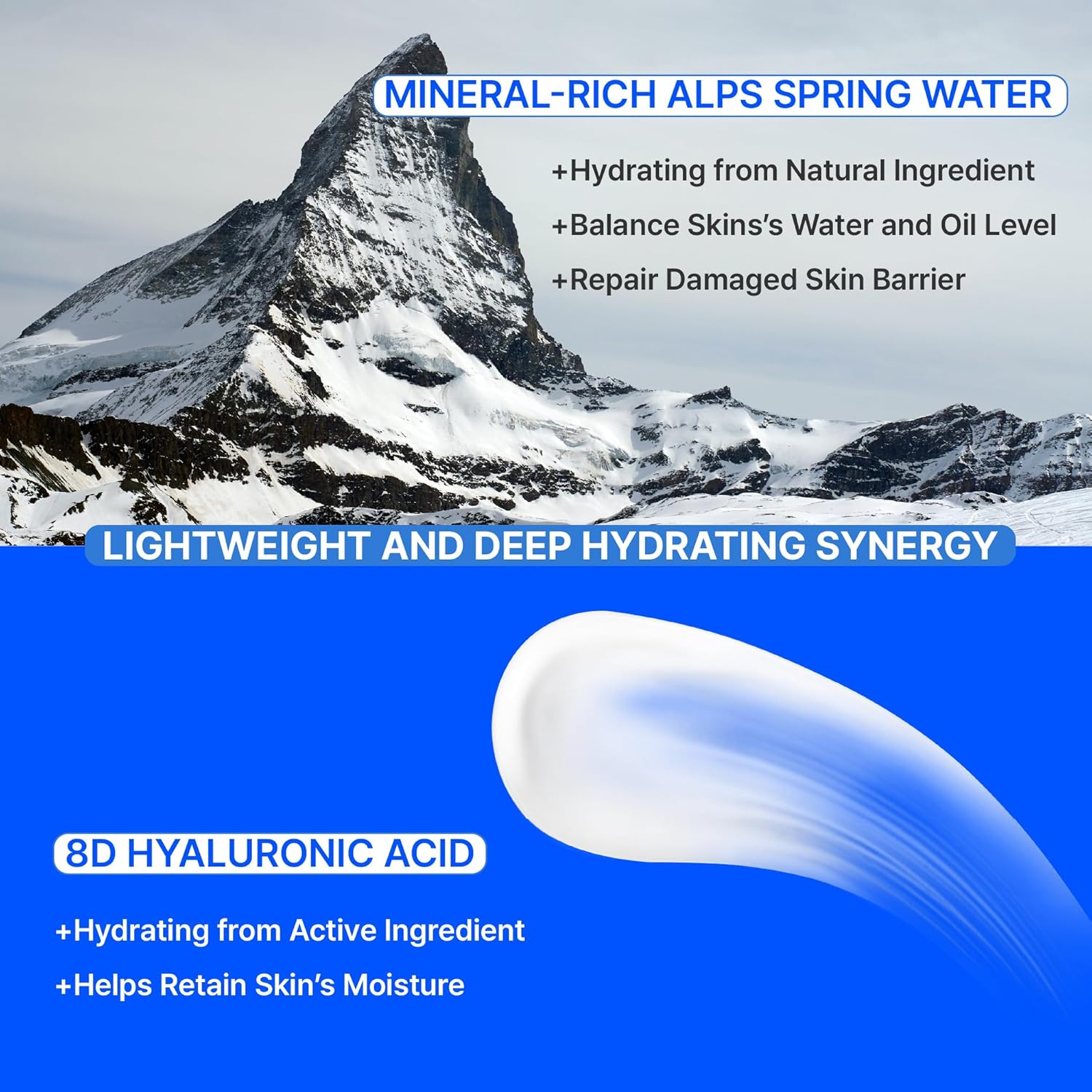 PLUSREAL Agua de manantial + crema de ácido hialurónico, 2.02 onzas líquidas. Hidratante facial ligero AMPM para pieles sensibles, sin fragancia,