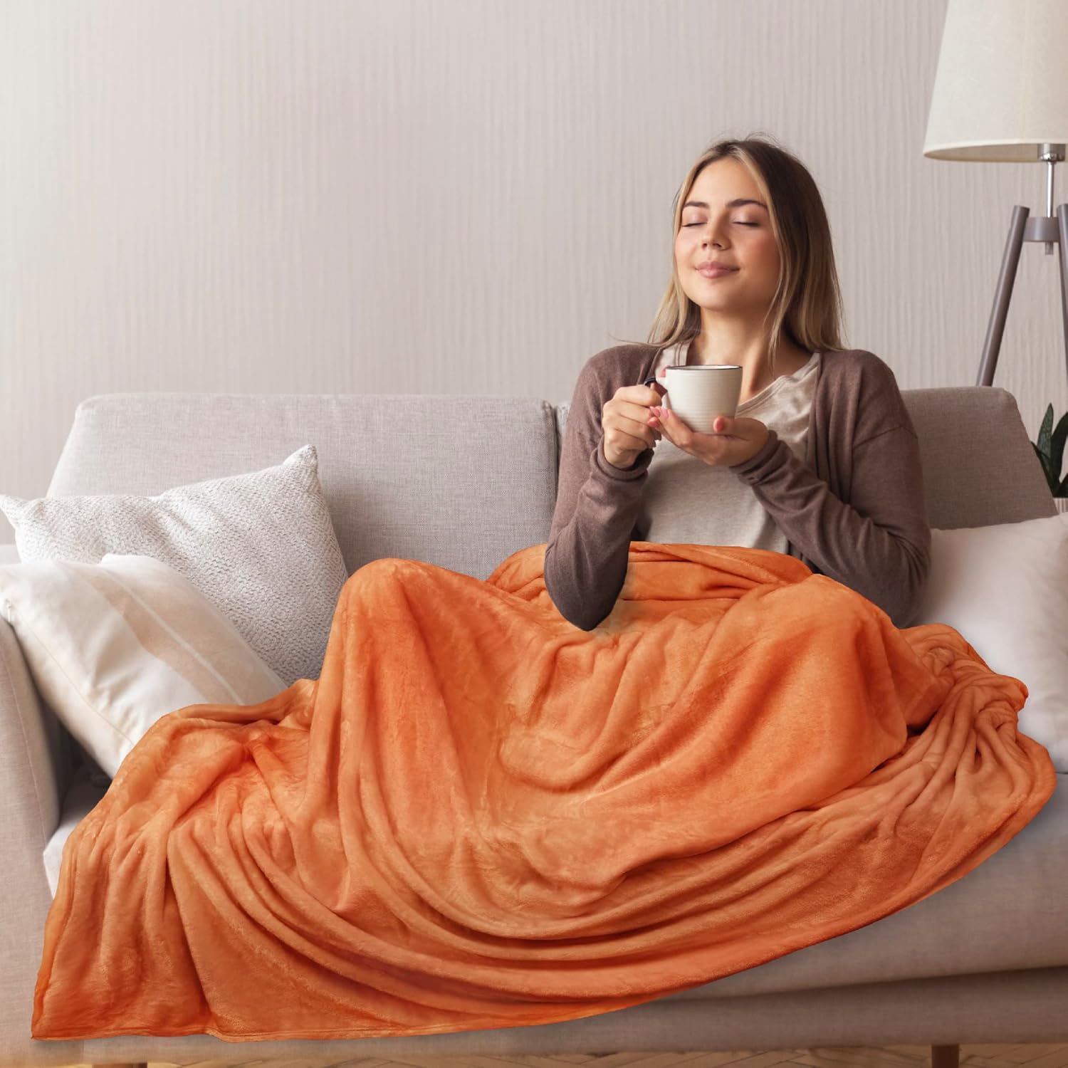 PAVILIA Manta de forro polar naranja para sofá, manta de franela suave y mullida de otoño para sofá, manta de cama de microfibra de felpa de lujo,