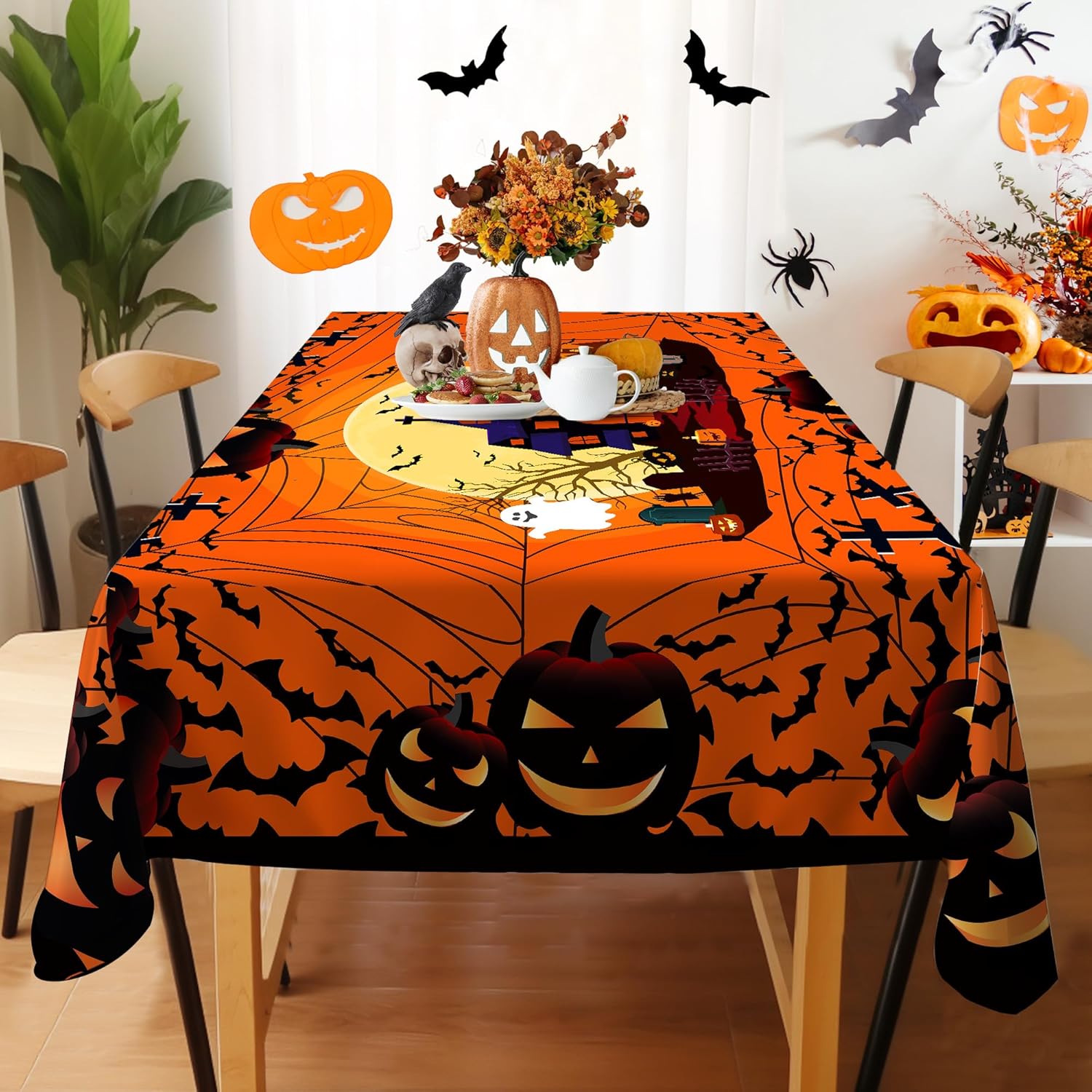 Mantel rectangular de Halloween de 60 x 84 pulgadas, decoración de mesa de Halloween, tela de araña fácil de limpiar, mantel rectangular de