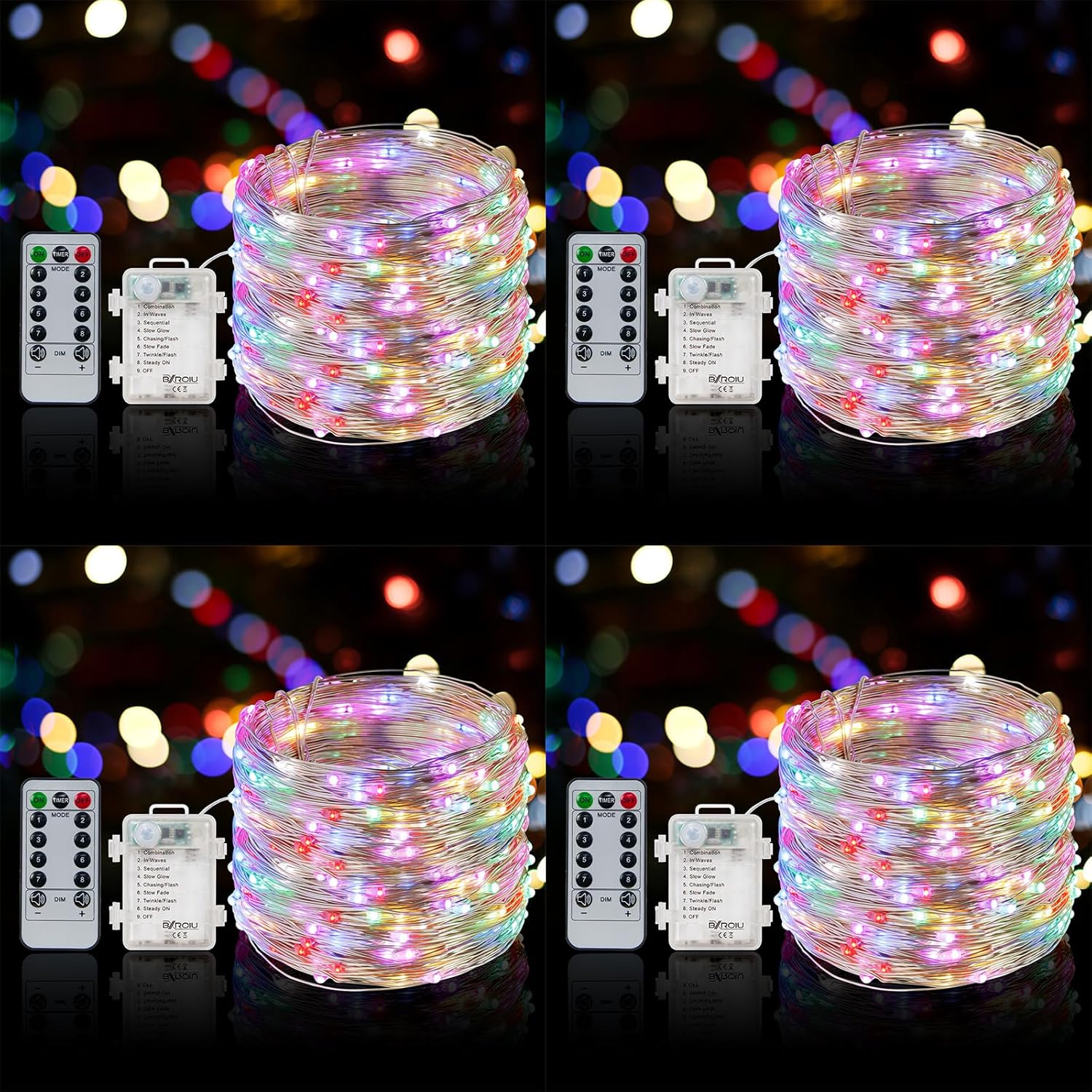 4 luces de hadas que funcionan con pilas, 8 modos de iluminación, 50 LED, 16.4 pies, cadena de luces de alambre plateado, función de temporizador y