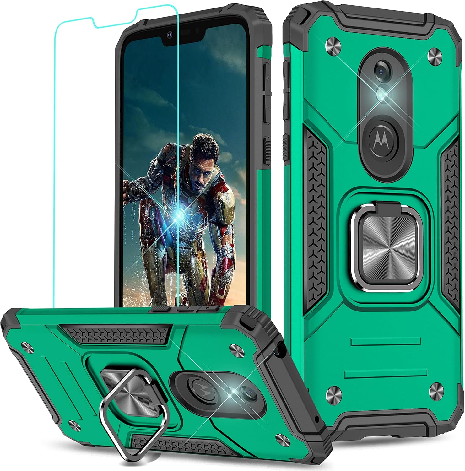 YmhxcY Funda para Moto G7 PowerG7 SupraG7 Optimo Maxx con protector de pantalla HD, fundas de grado armadura con soporte giratorio y función atril,