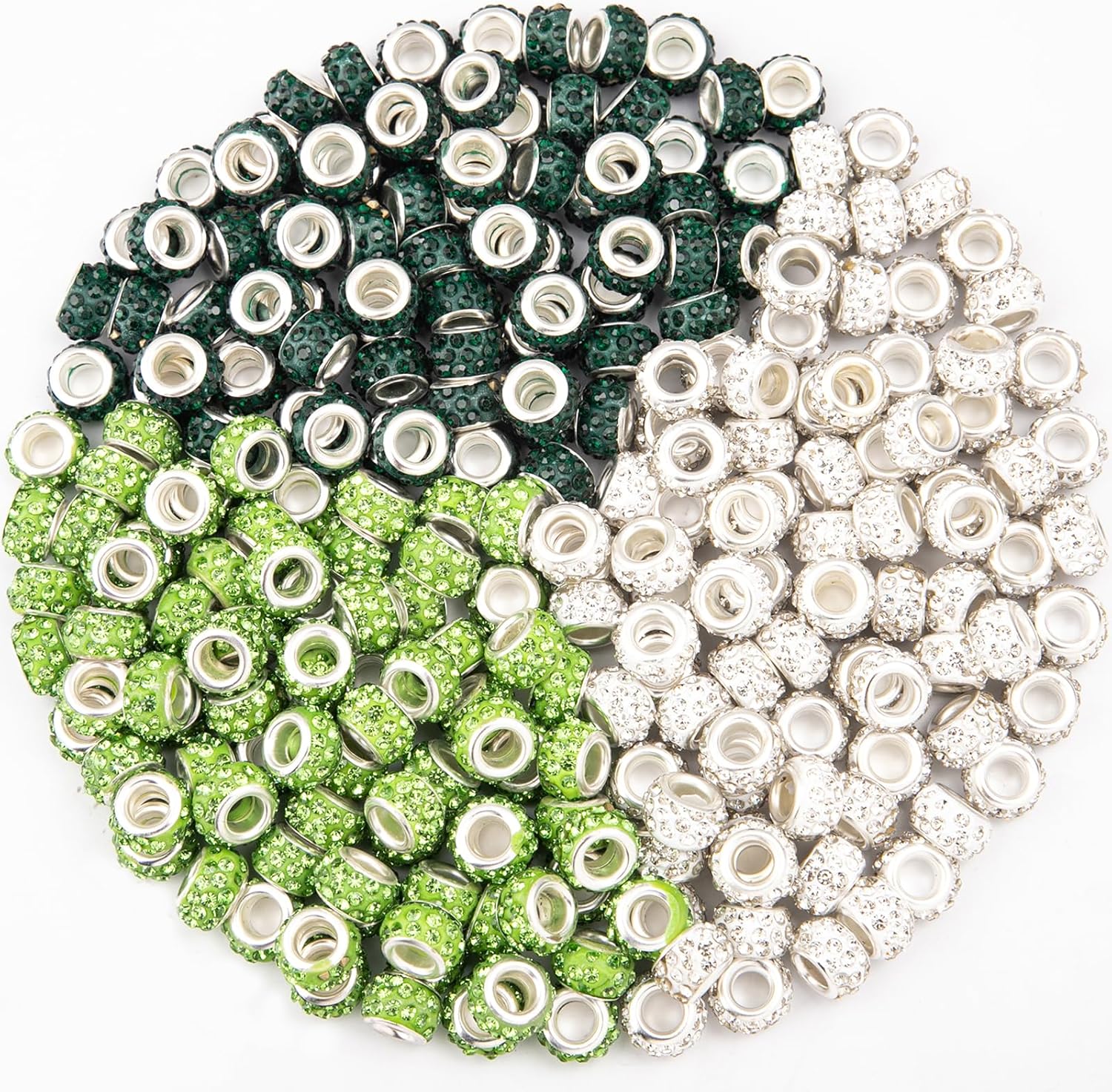 200 cuentas espaciadoras europeas de agujeros grandes, cuentas de artesanía europeas verdes con diamantes de imitación, cuentas de jardín de hadas