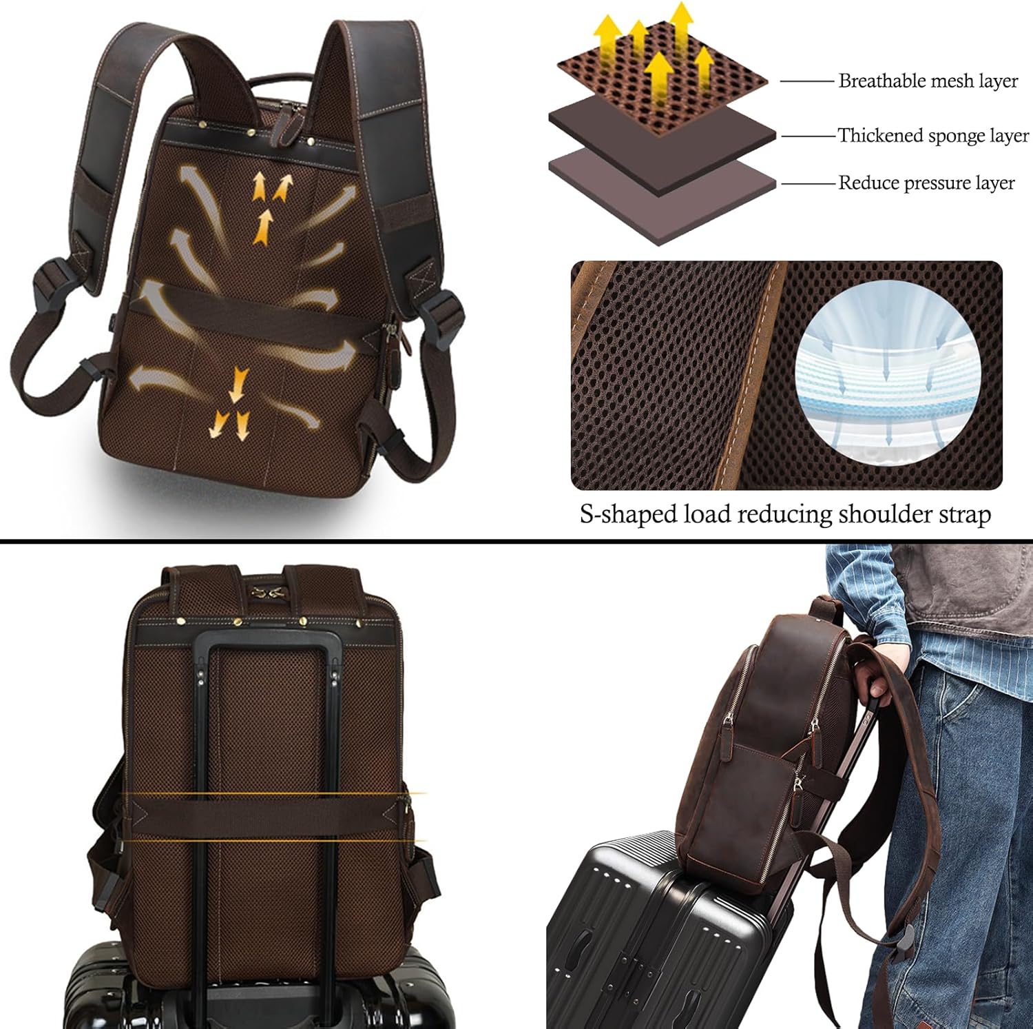 Mochila de cuero para computadora portátil para hombre, viaje de negocios, mochila de hombro de gran capacidad con puerto de carga USB, bolsas de