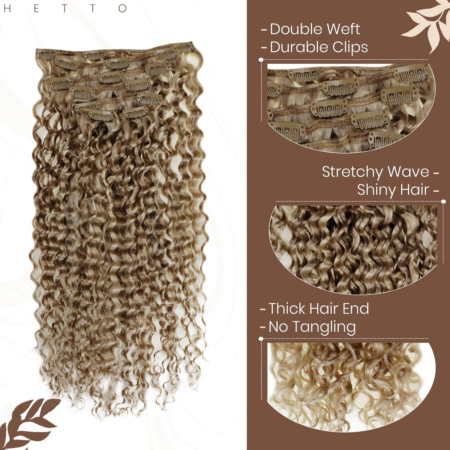 Hetto Extensiones de cabello humano ondulado con clip, color rubio decolorado, extensiones de cabello rizado natural con clip, 18 pulgadas, 7