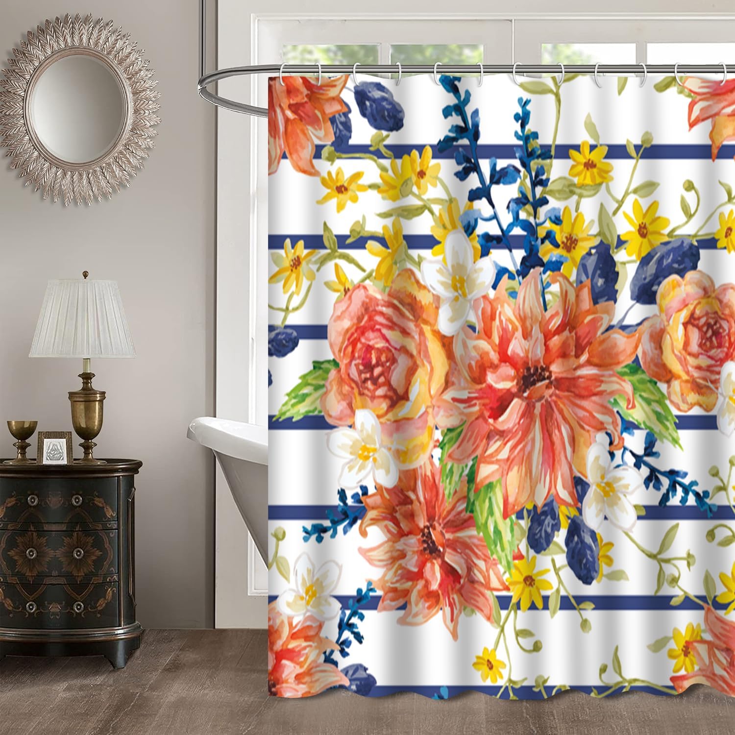 GALMAXS7 Blue Green Shower Curtain,Red Orange and Yellow Flowers Blue Leaves Floral Striped White Shower Curtains for Bathroom with 12 Hooks,72 x 72
