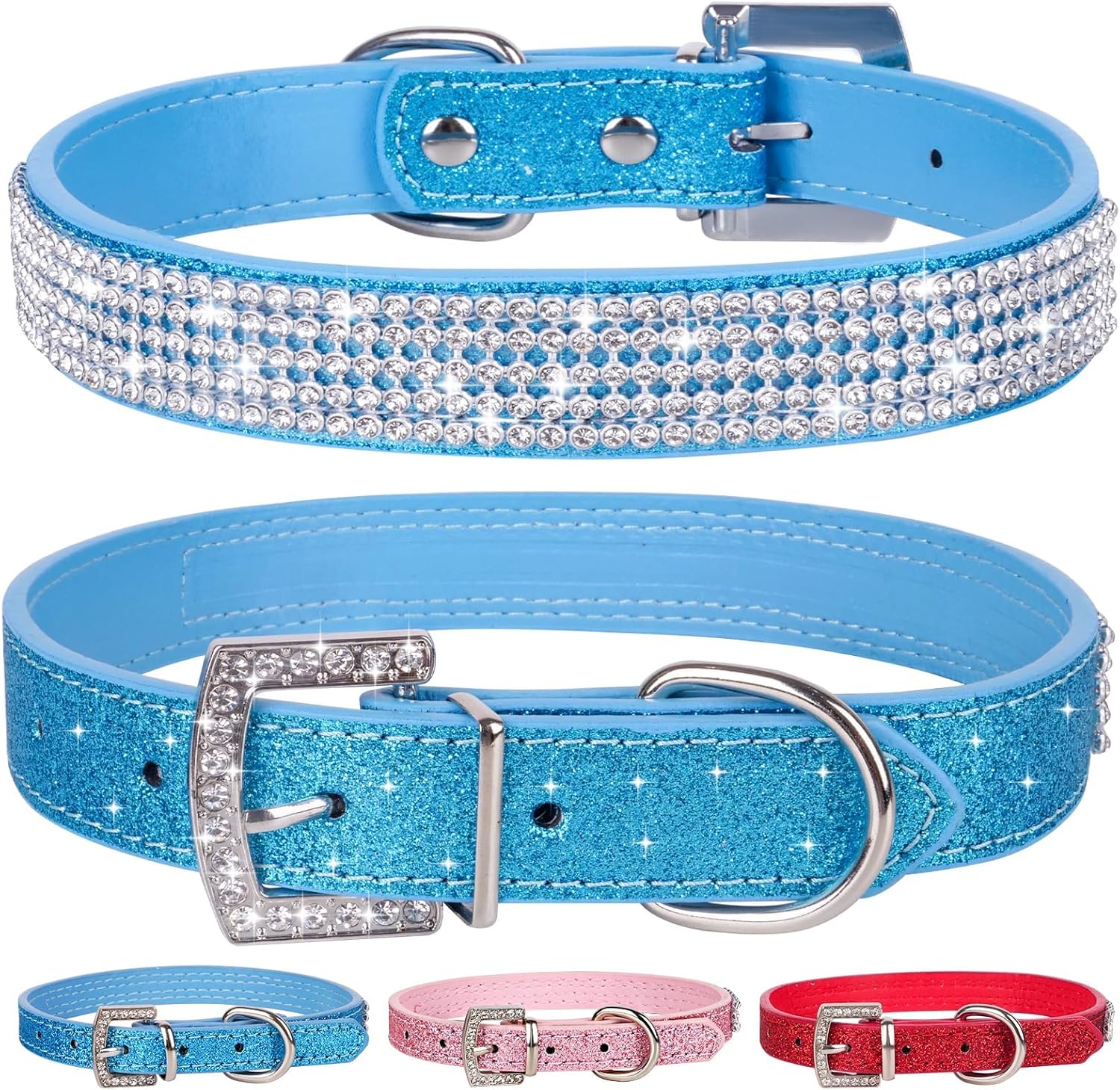 Apasiri Collar de perro con diamantes de imitación para perros pequeños, collar de perro azul, collar de cuero para perros medianos, lindo collar de
