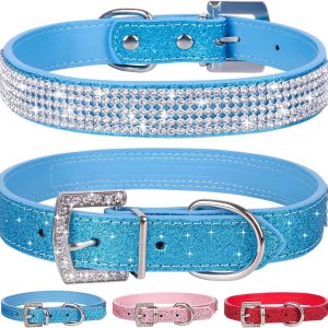 Apasiri Collar de perro con diamantes de imitación para perros pequeños, collar de perro azul, collar de cuero para perros medianos, lindo collar de Apasiri Collar de perro con diamantes de imitación para perros pequeños, collar de perro azul, collar de cuero para perros medianos, lindo collar de